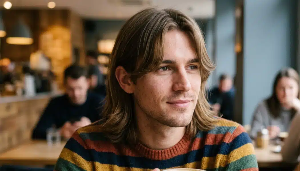 Man with shoulder-length curtain haircut sitting in a modern cafe