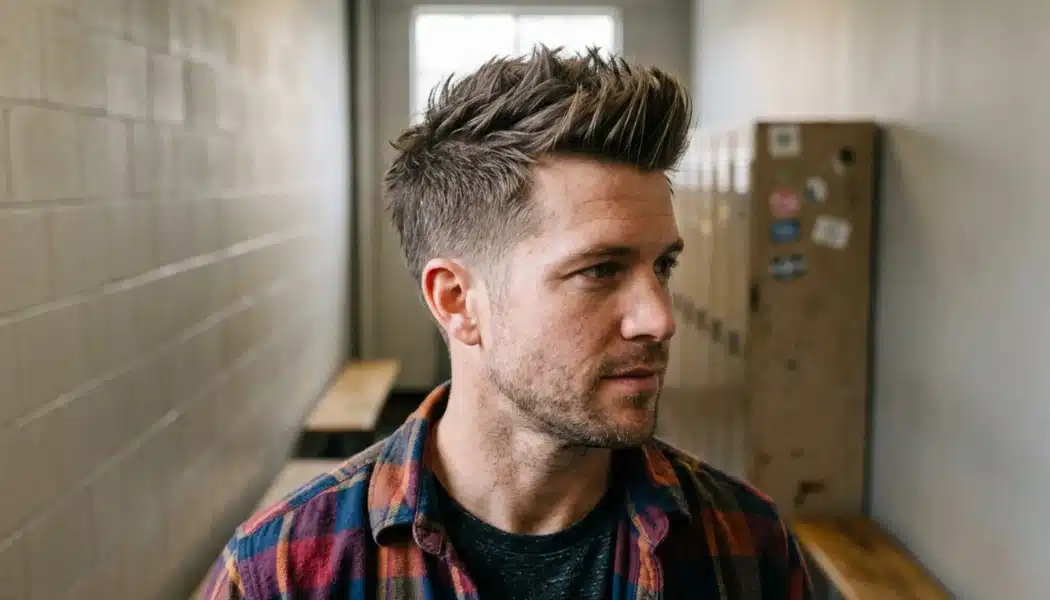 Man with spiked textured haircut and short sides in a gym hallway