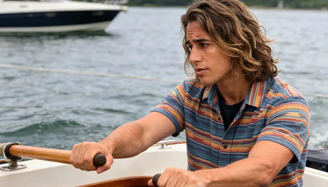 Man with surfer waves and loose layered hair sitting on a boat near the water