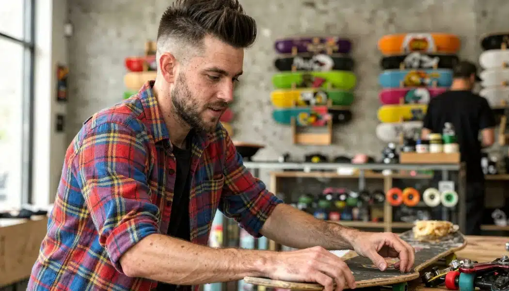 Man with textured faux hawk haircut and faded sides working on a skateboard in a skate shop