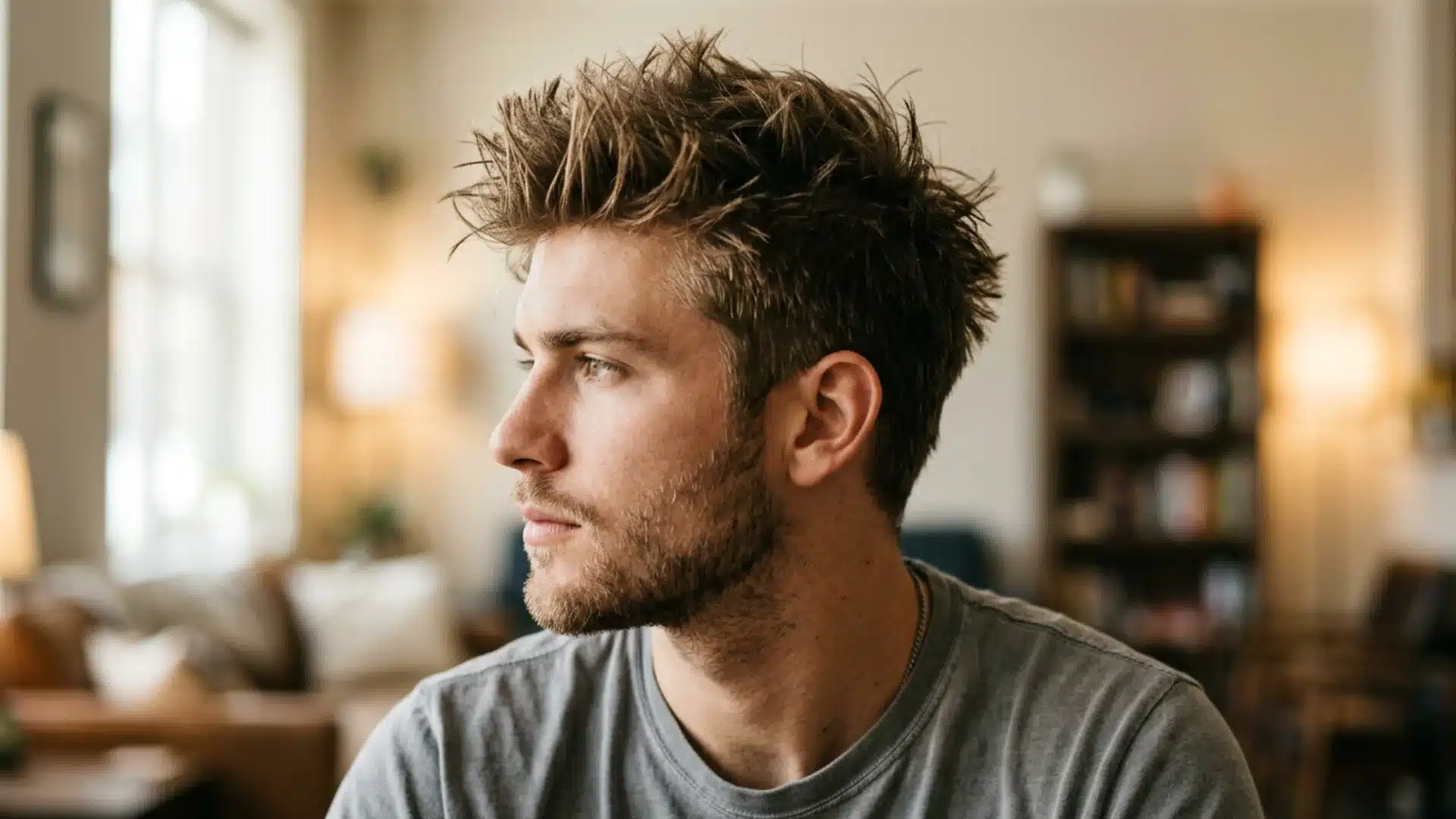 Man in a grey t-shirt with short spiky hair and a light beard, looking off to the side in a living room..029