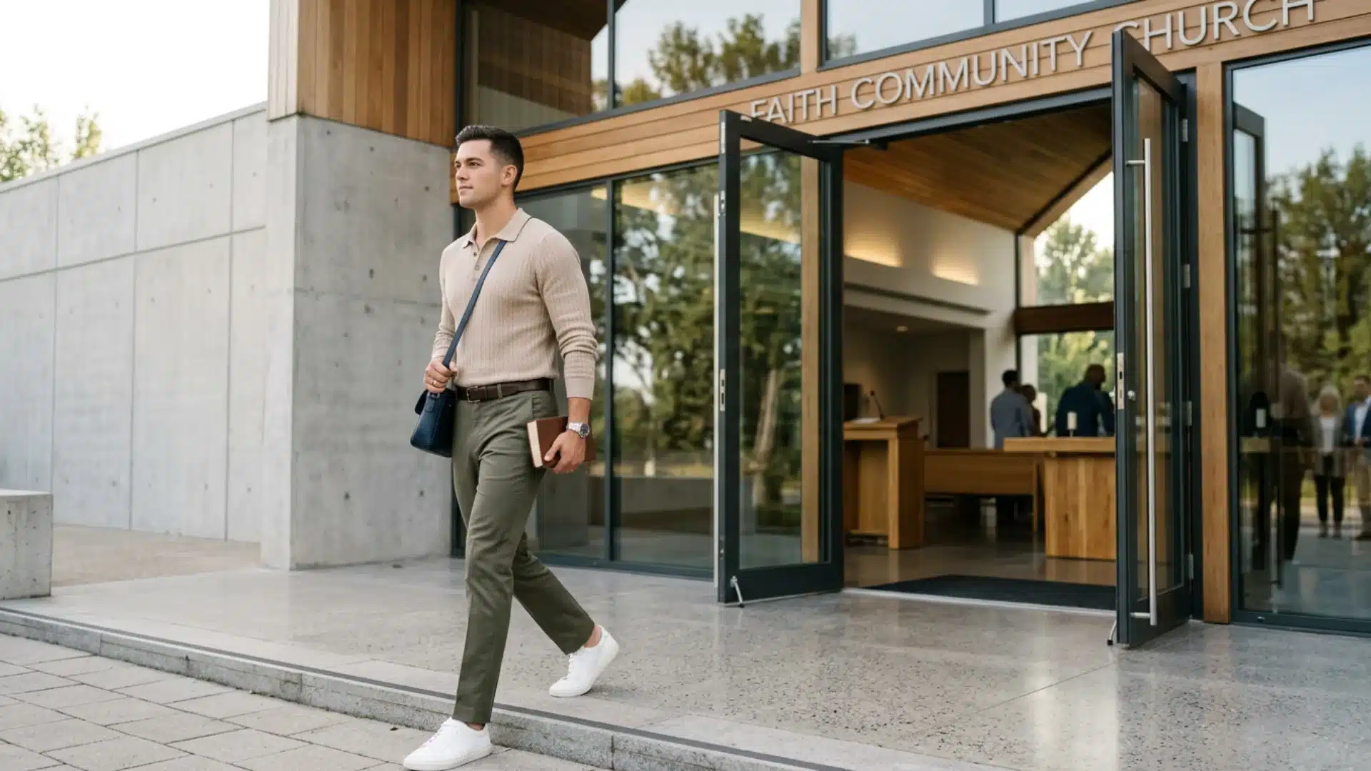 Man in smart casual church outfit walking outside modern church entrance carrying Bible and shoulder bag.