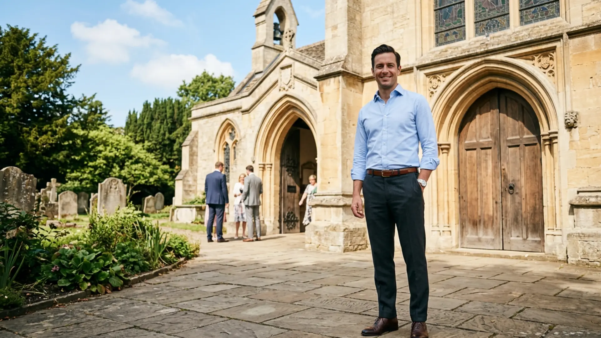 Man in smart casual Sunday church outfit standing outside historic church entrance on a sunny day.