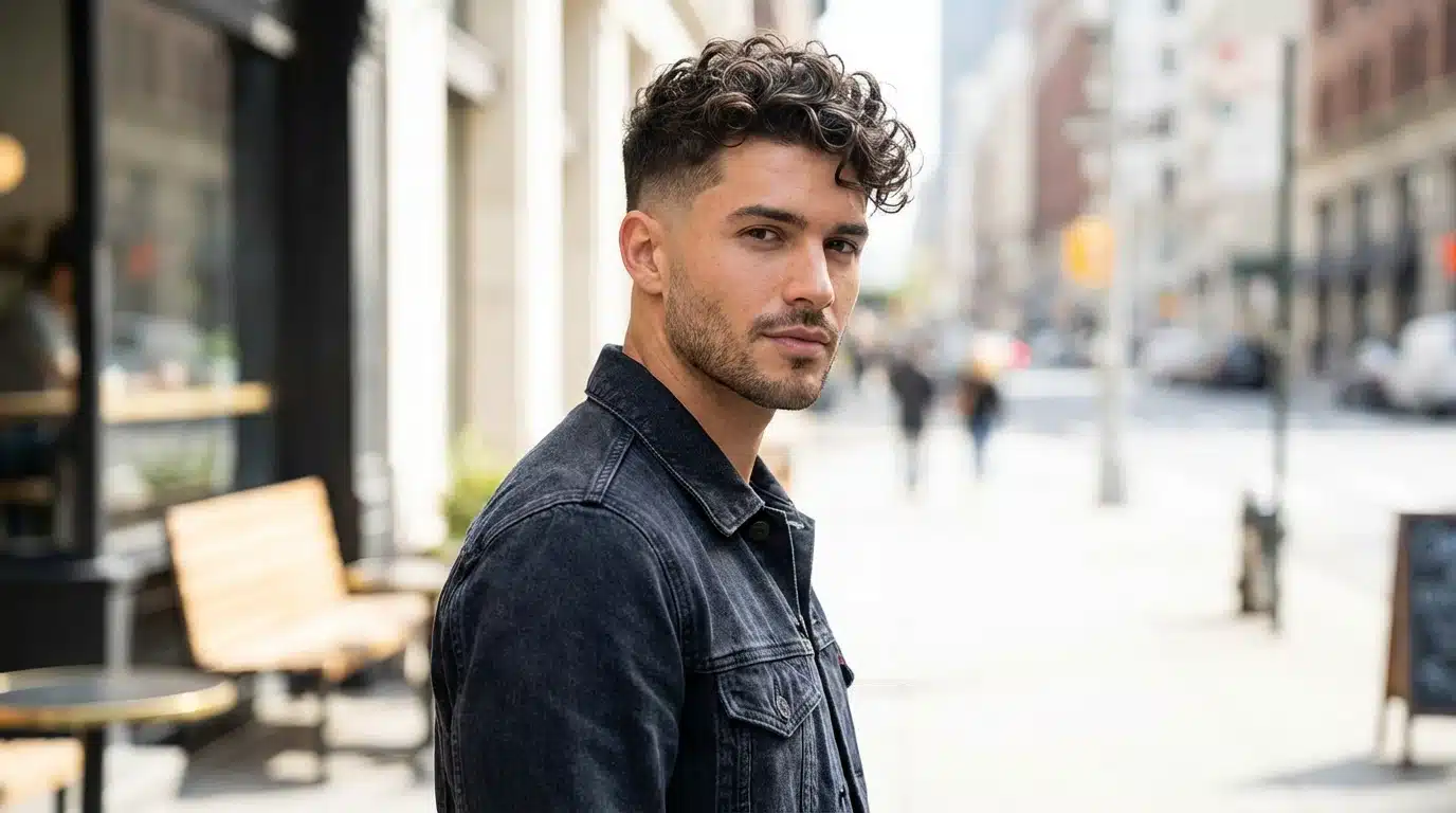 Man with a curly fade and denim jacket standing on a busy city sidewalk.2