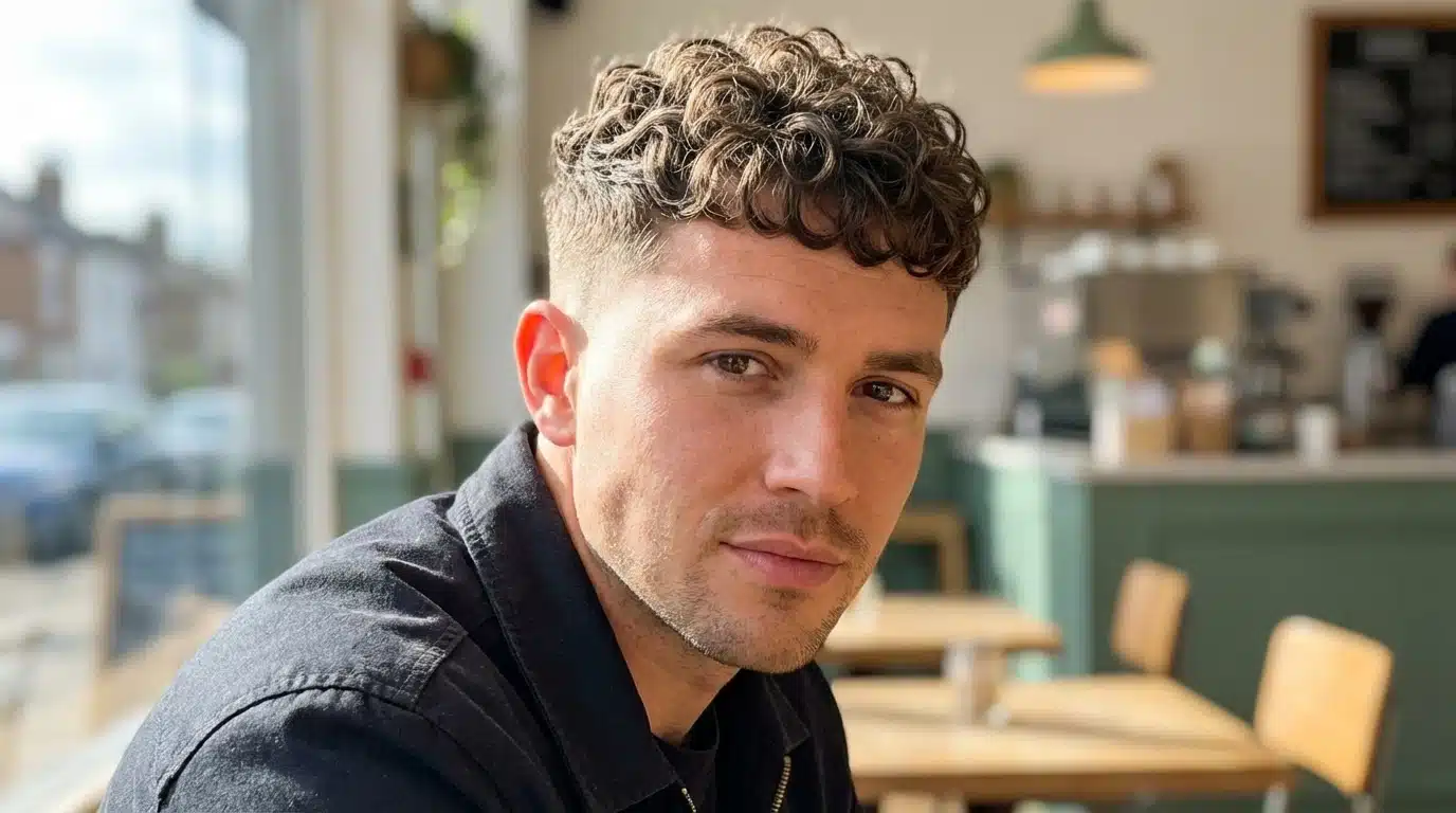 Man with a curly fringe and tapered sides sitting in a bright cafe, wearing a black jacket and looking at the camera.