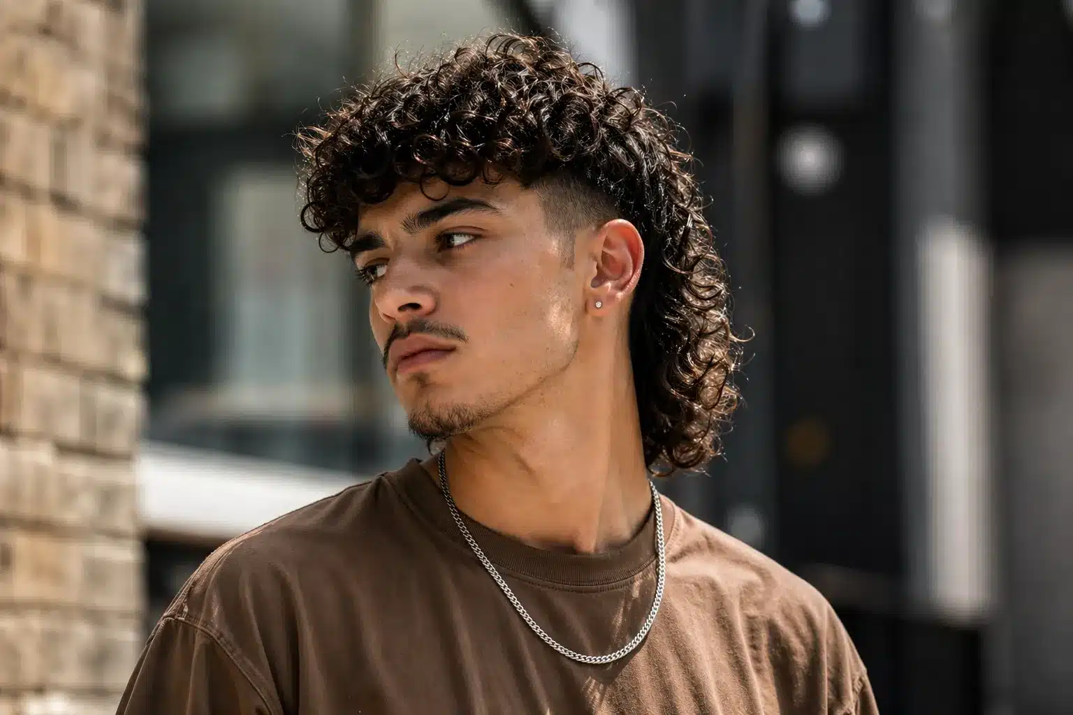 Man with a curly mullet haircut and a silver chain wearing a brown t shirt looking to the side