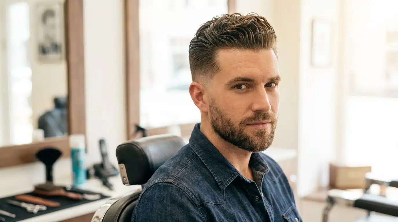 Man with a swept-back wavy hairstyle and beard sitting in a barbershop chair, wearing a denim shirt.