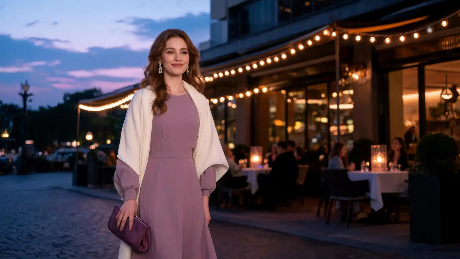 Mauve evening dress with ivory wrap