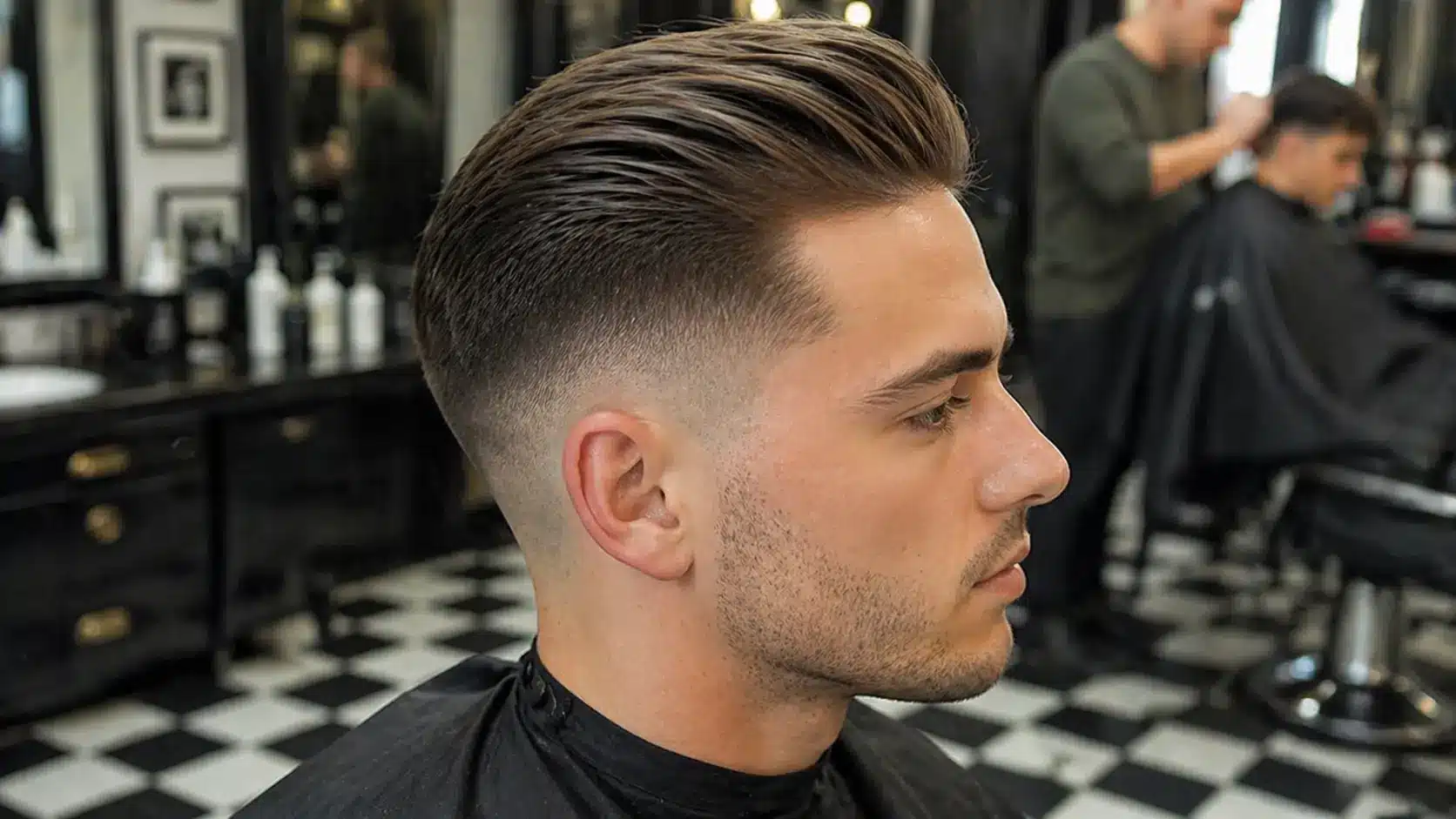 Medium-length slick back with high fade, clean taper sides, styled in modern barbershop setting with sharp finish