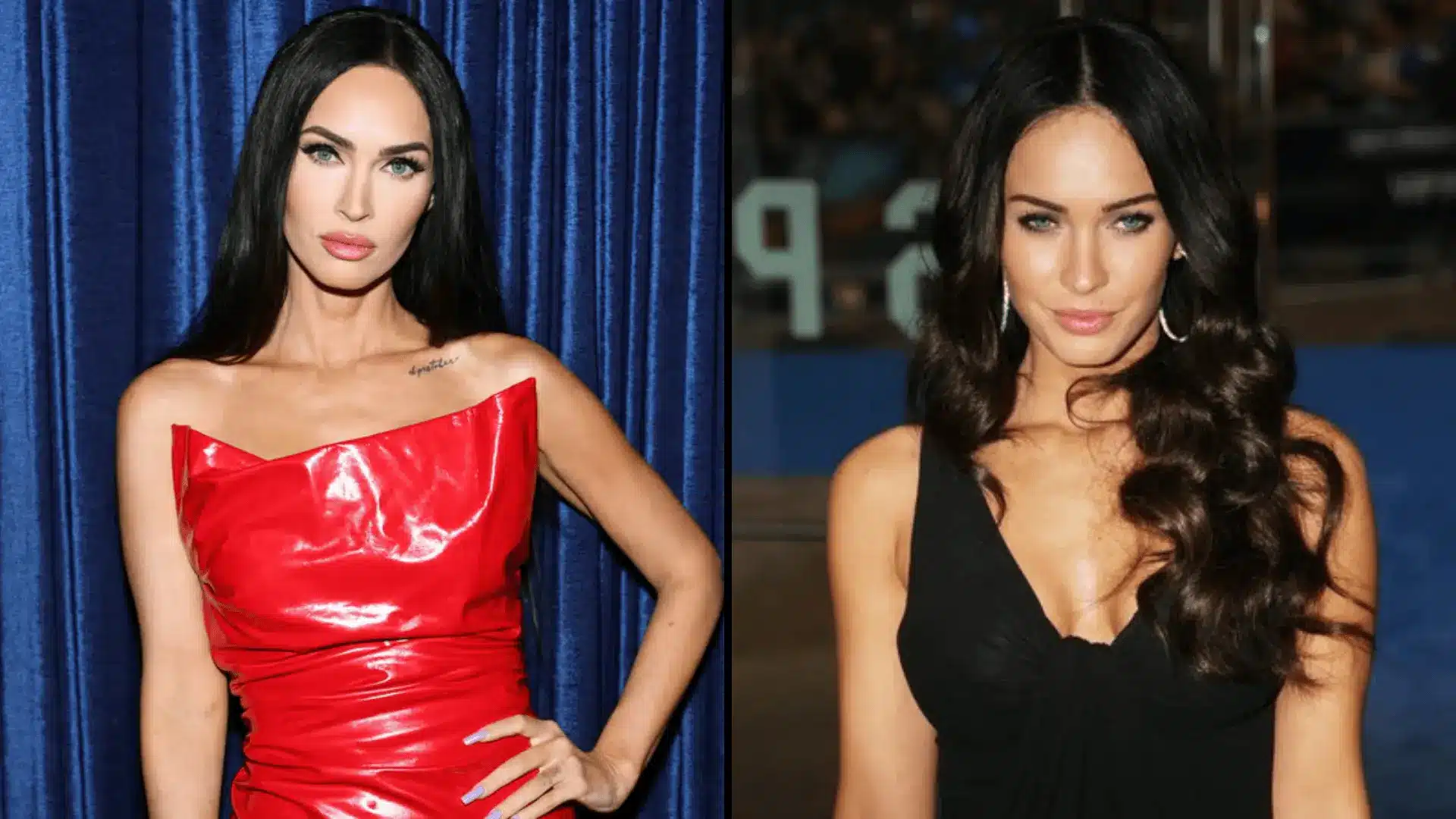 Megan Fox in bold red and black outfits showing true winter cool tone contrast and sharp features