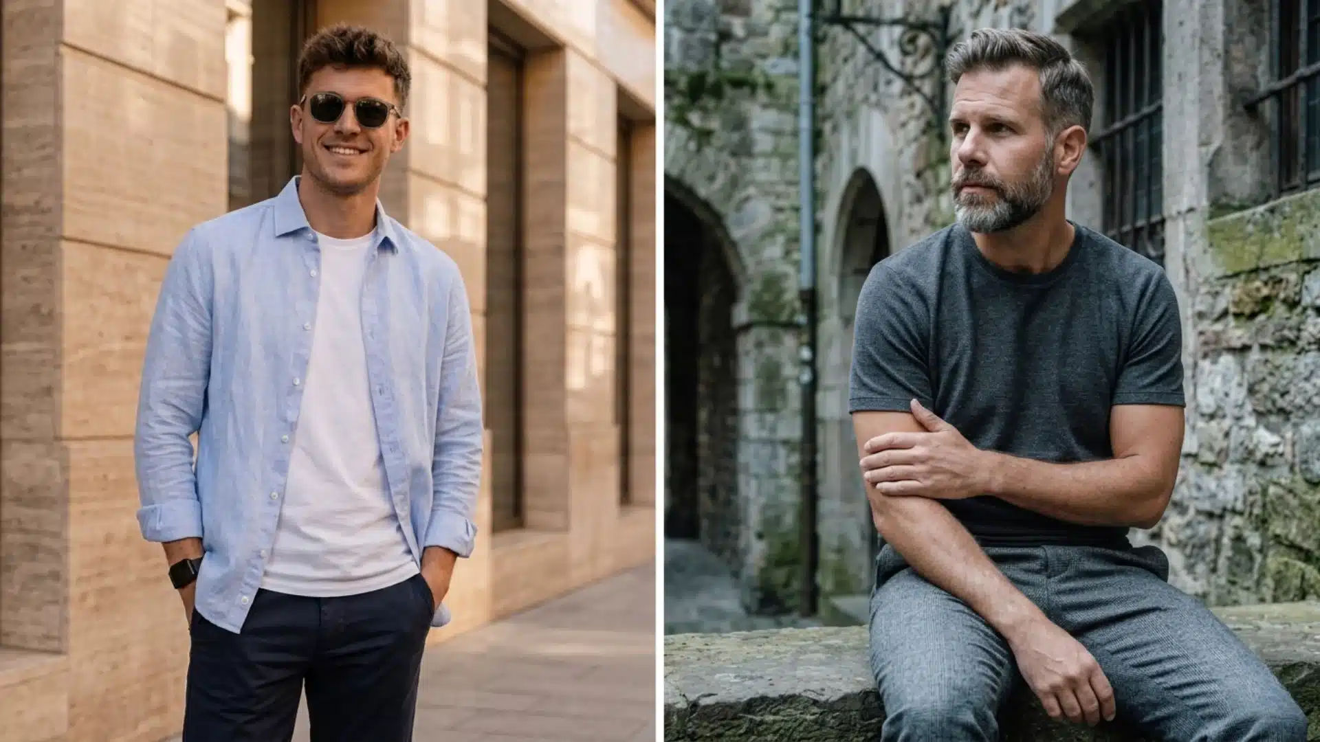 Men styling shirt vs t shirt outfit, casual button down layered look vs fitted tee street style comparison
