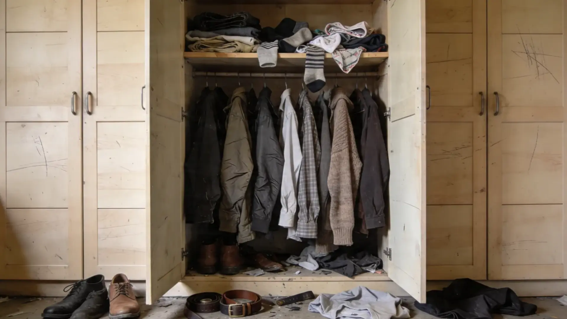 Messy men’s wardrobe with scattered clothes, hanging jackets, and shoes on floor in disorganized closet