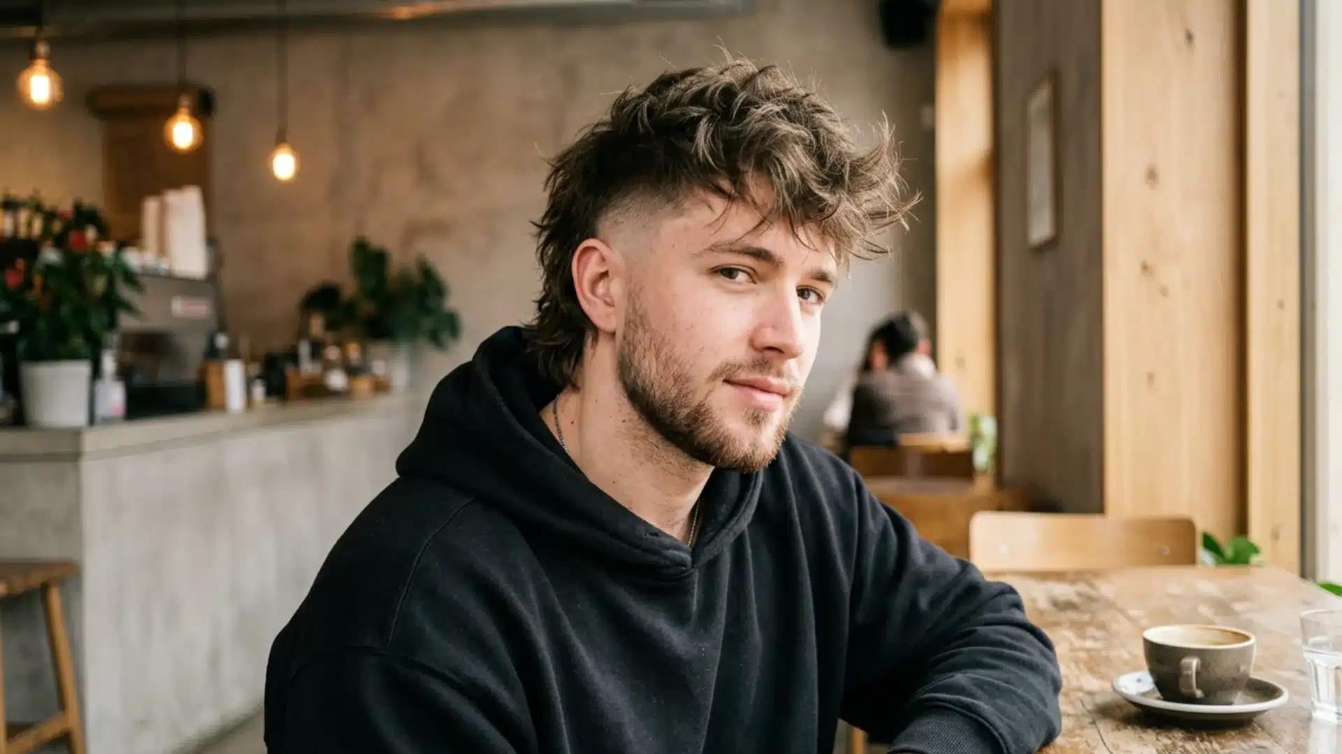 Messy textured mullet fade hairstyle with tousled layers, faded sides, and relaxed modern café style