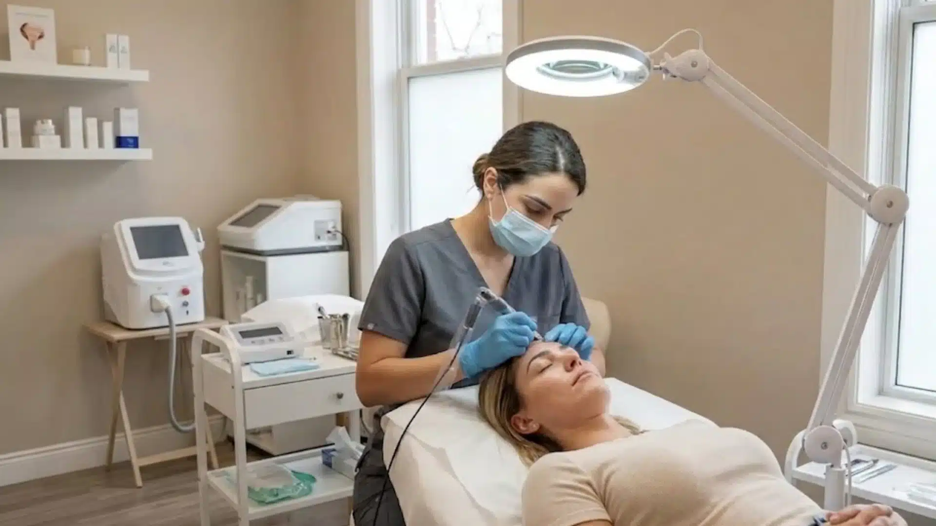 Microblading procedure in clinic with technician shaping eyebrows using handheld tool on client