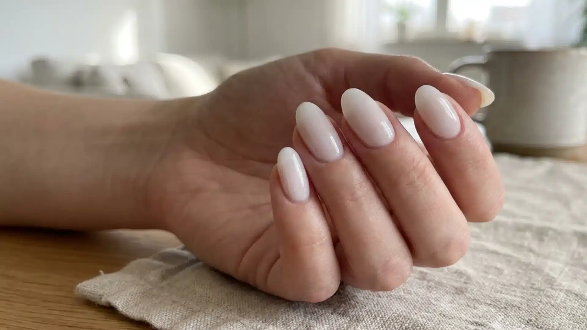 Milky pale white nails on almond-shaped tips with a glossy finish in soft natural indoor lighting