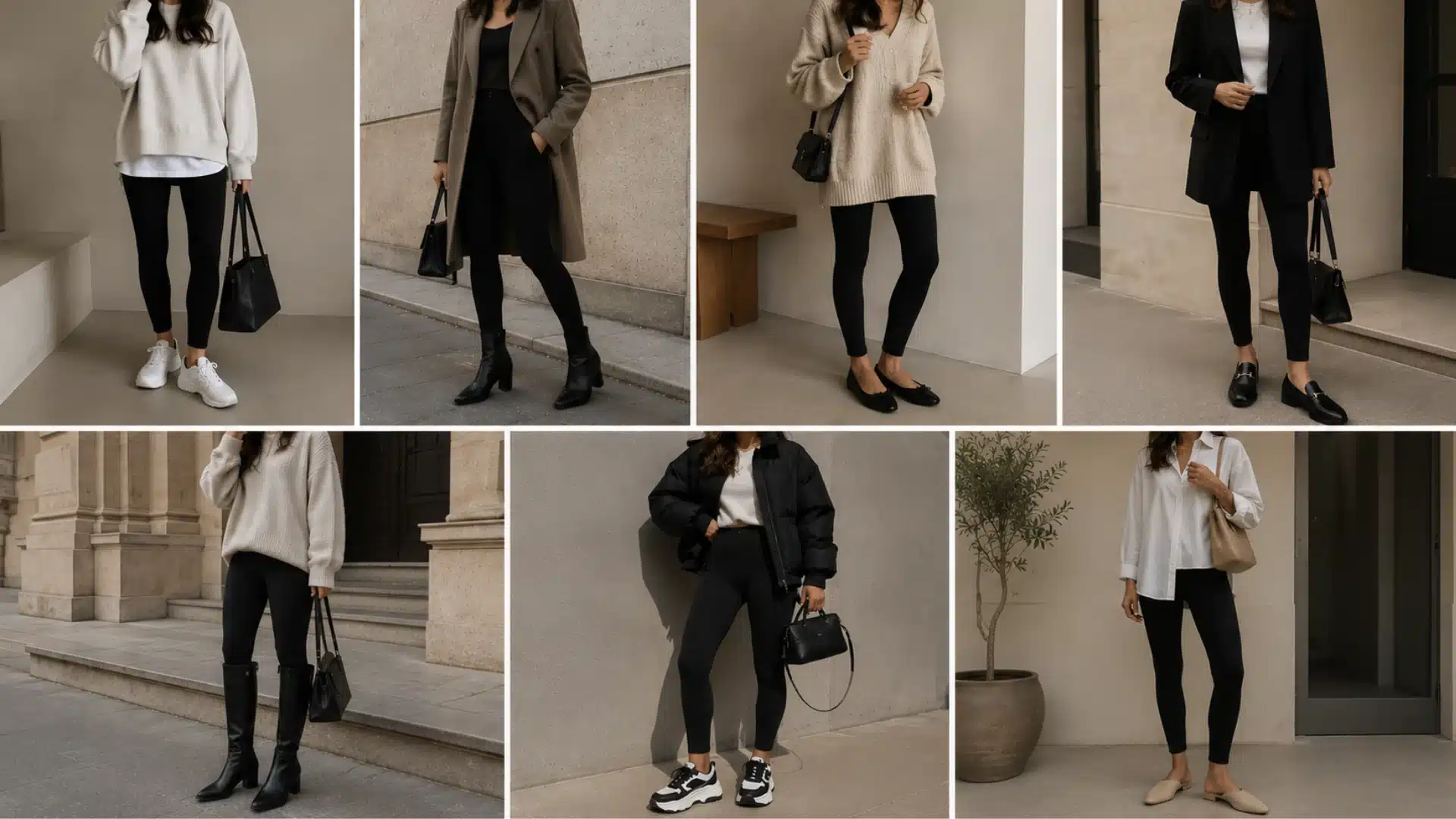 Minimal collage of black leggings outfits styled with sneakers, boots, flats, loafers, and slides