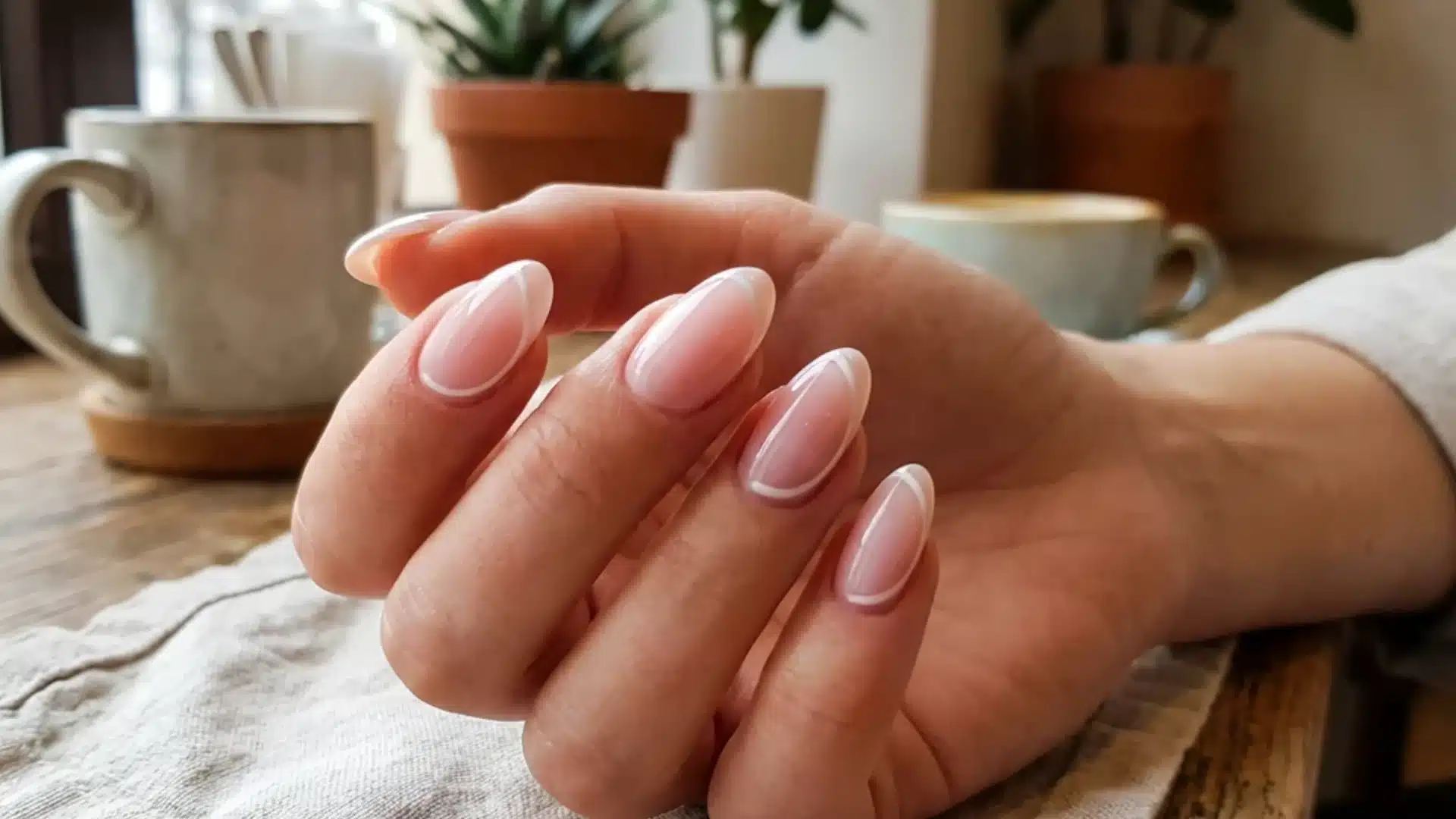 Minimal Curve nails featuring soft pink base and subtle curved white lines on glossy almond nails