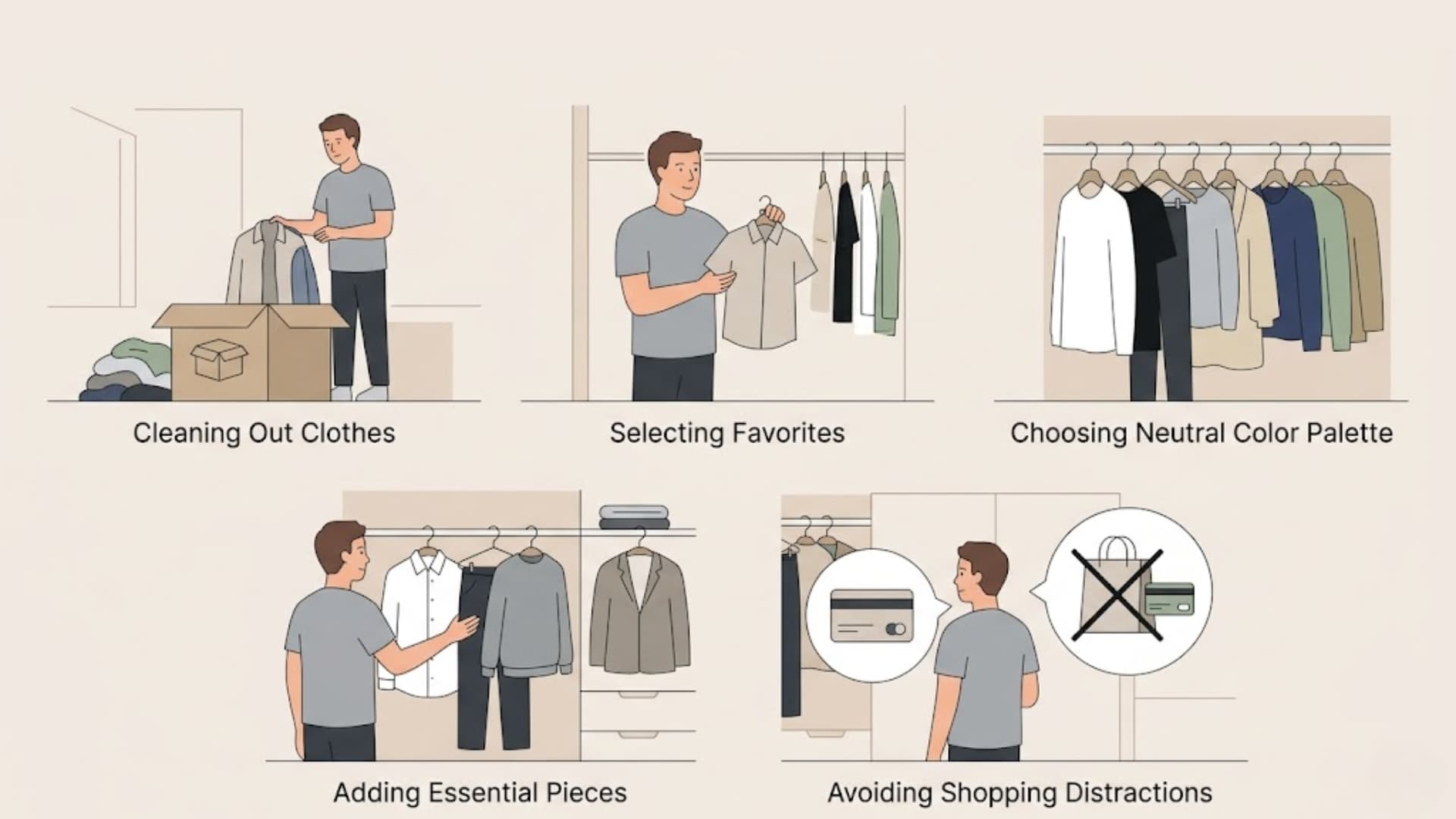 Minimalist flat illustration of a man organizing his wardrobe step by step, showing five stages