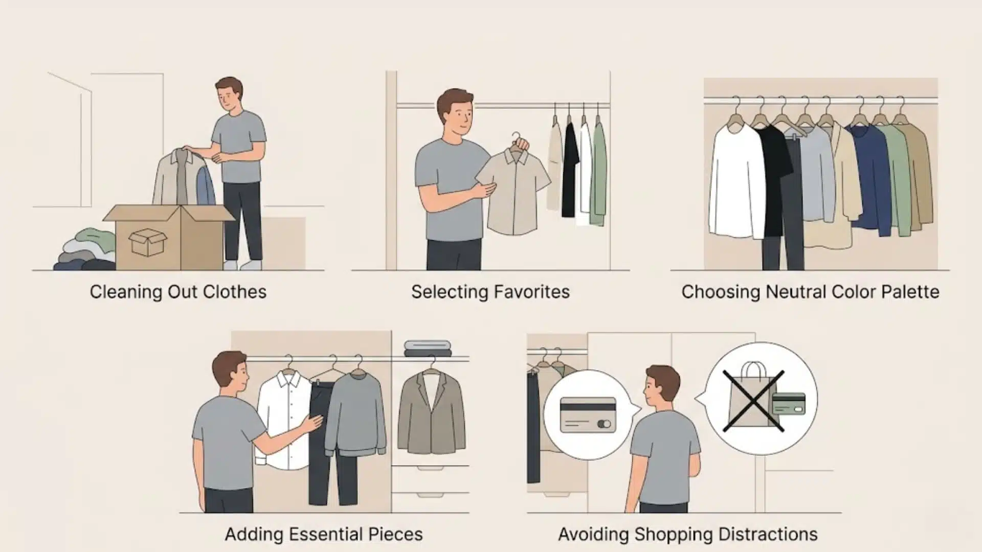 Minimalist flat illustration of a man organizing his wardrobe step by step, showing five stages