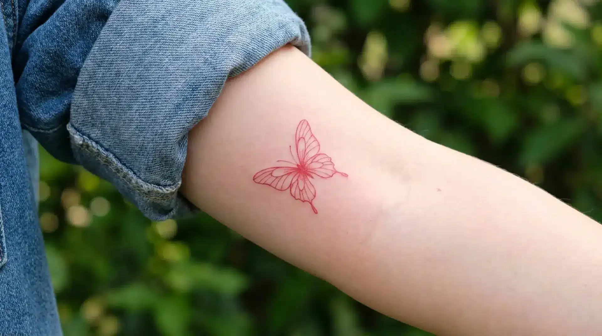 Minimal red line butterfly tattoo on inner arm representing transformation and delicate symbolism