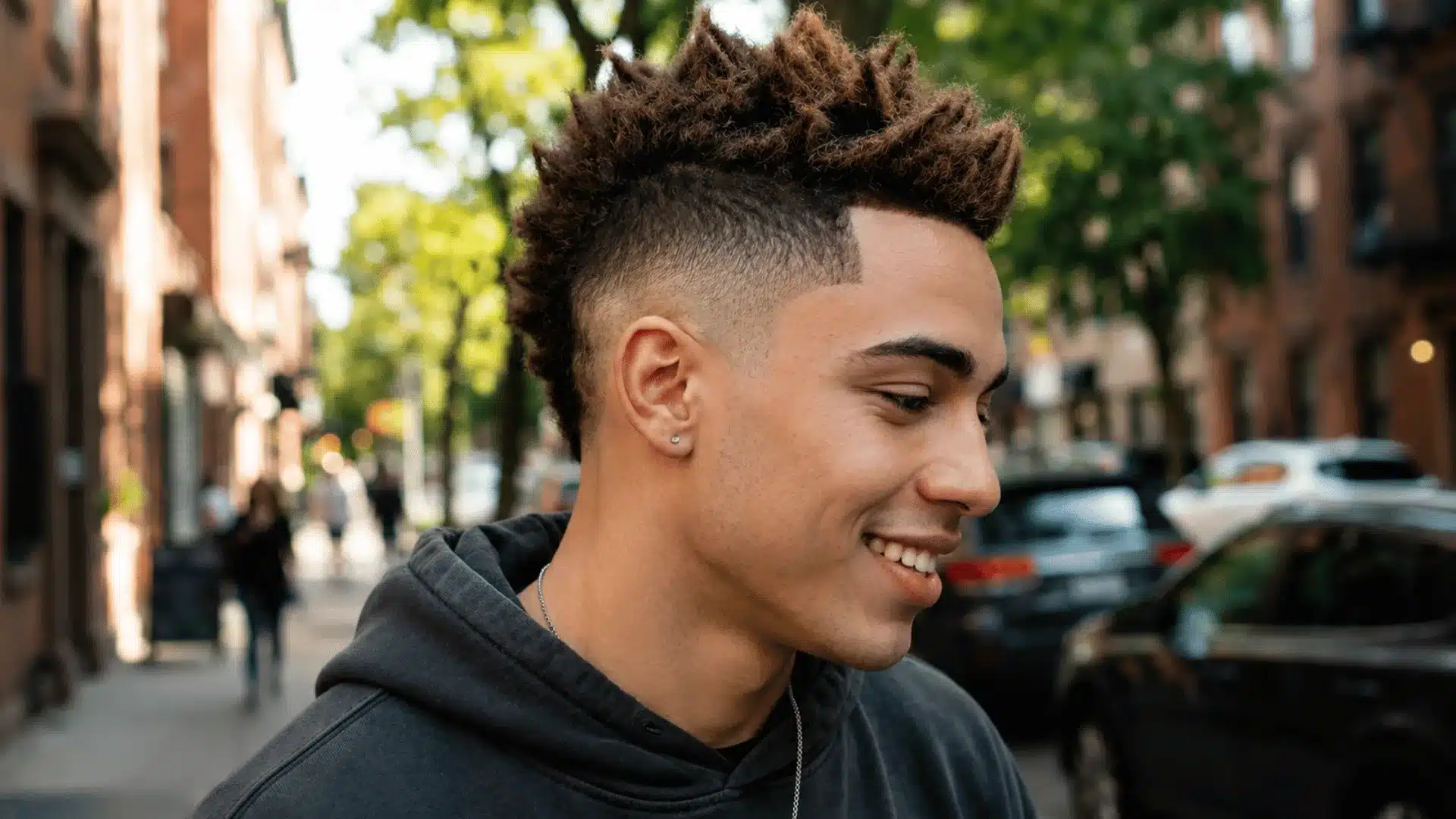 Modern drop fade mohawk with curved design