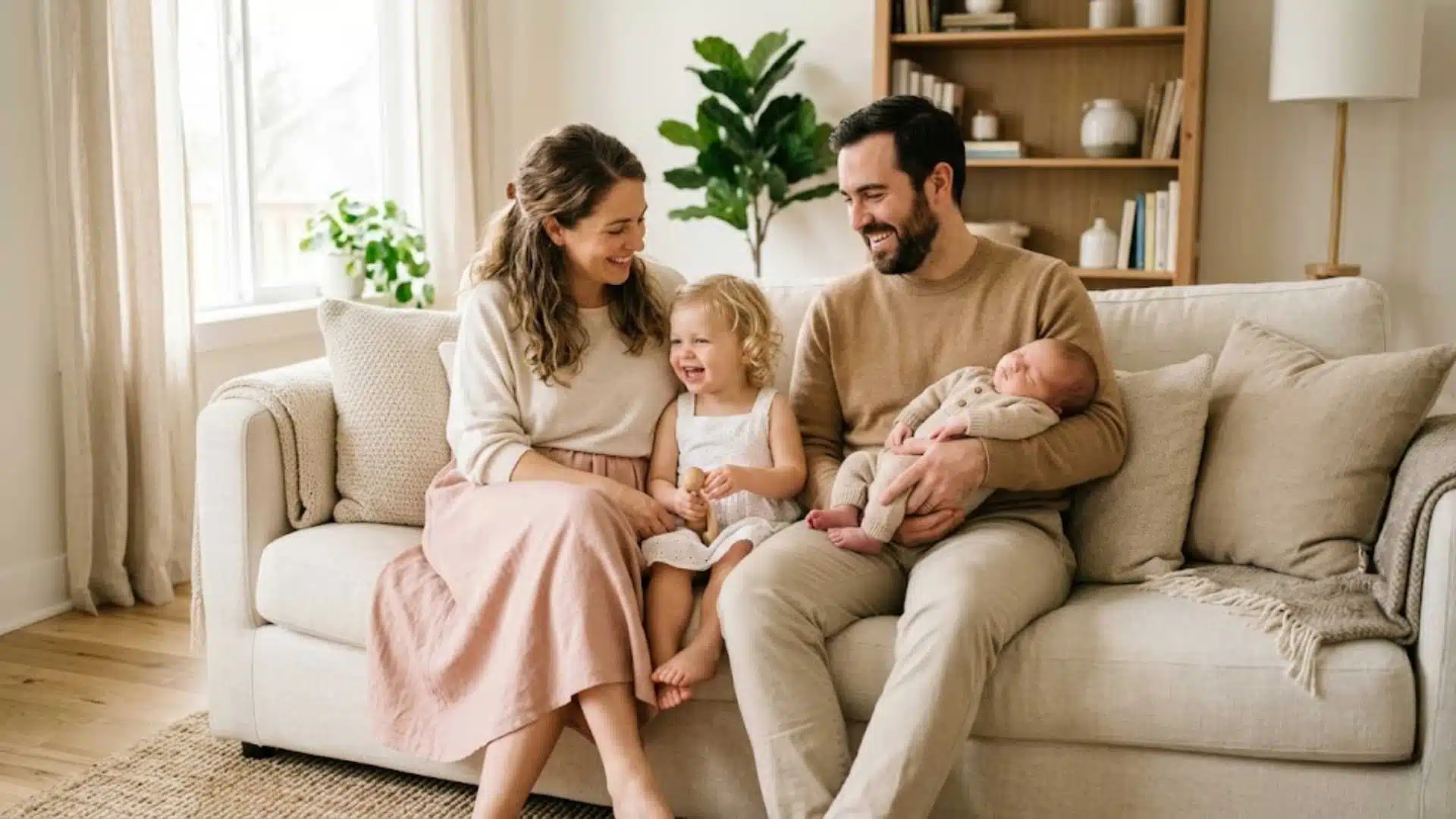 Mom in dusty rose ribbed knit set nursing newborn in cozy home setting