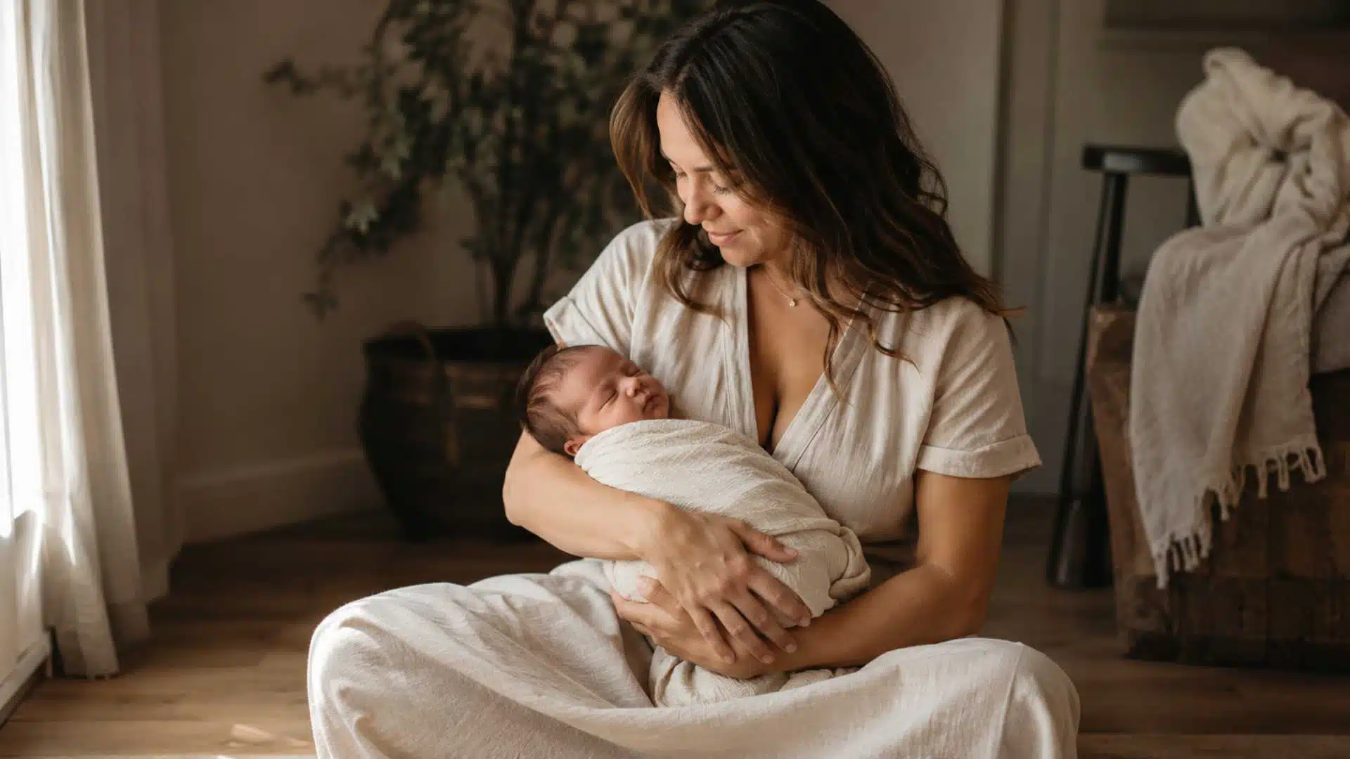 Mom in ivory linen wrap dress holding swaddled newborn during family photo session