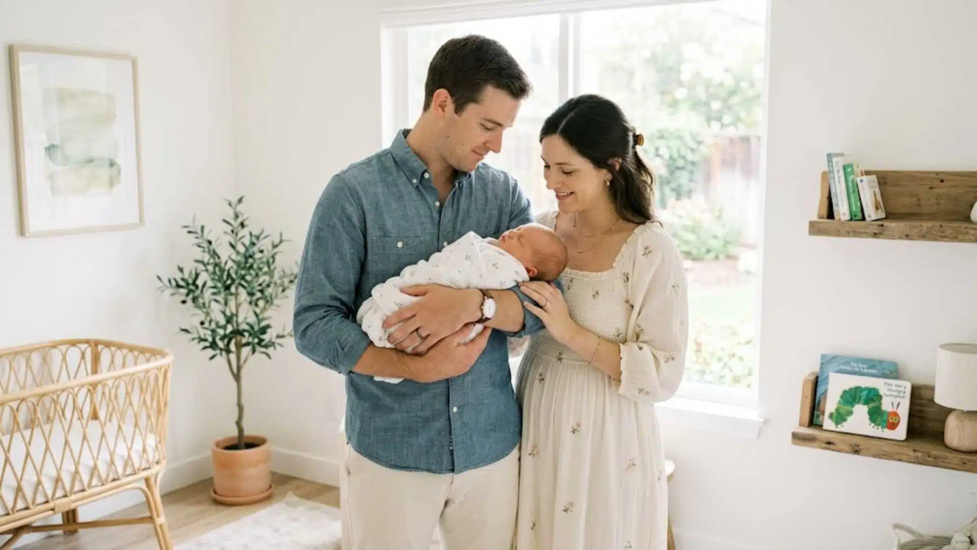 Mom in ivory smocked maxi dress with partner holding swaddled newborn at home