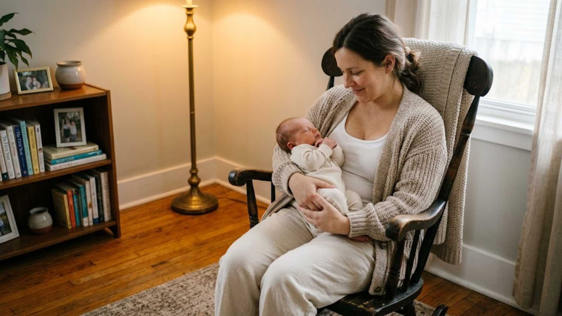 Mom in oatmeal chenille cardigan rocking newborn in cream for in-home photo session outfit