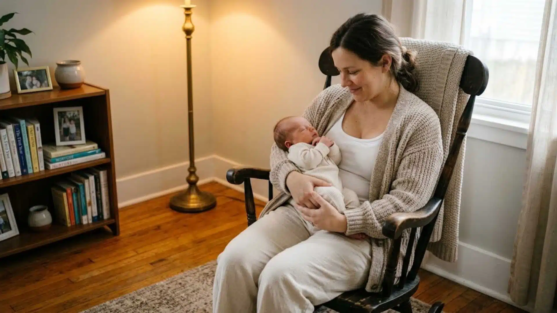 Mom in oatmeal chenille cardigan rocking newborn in cream for in-home photo session outfit