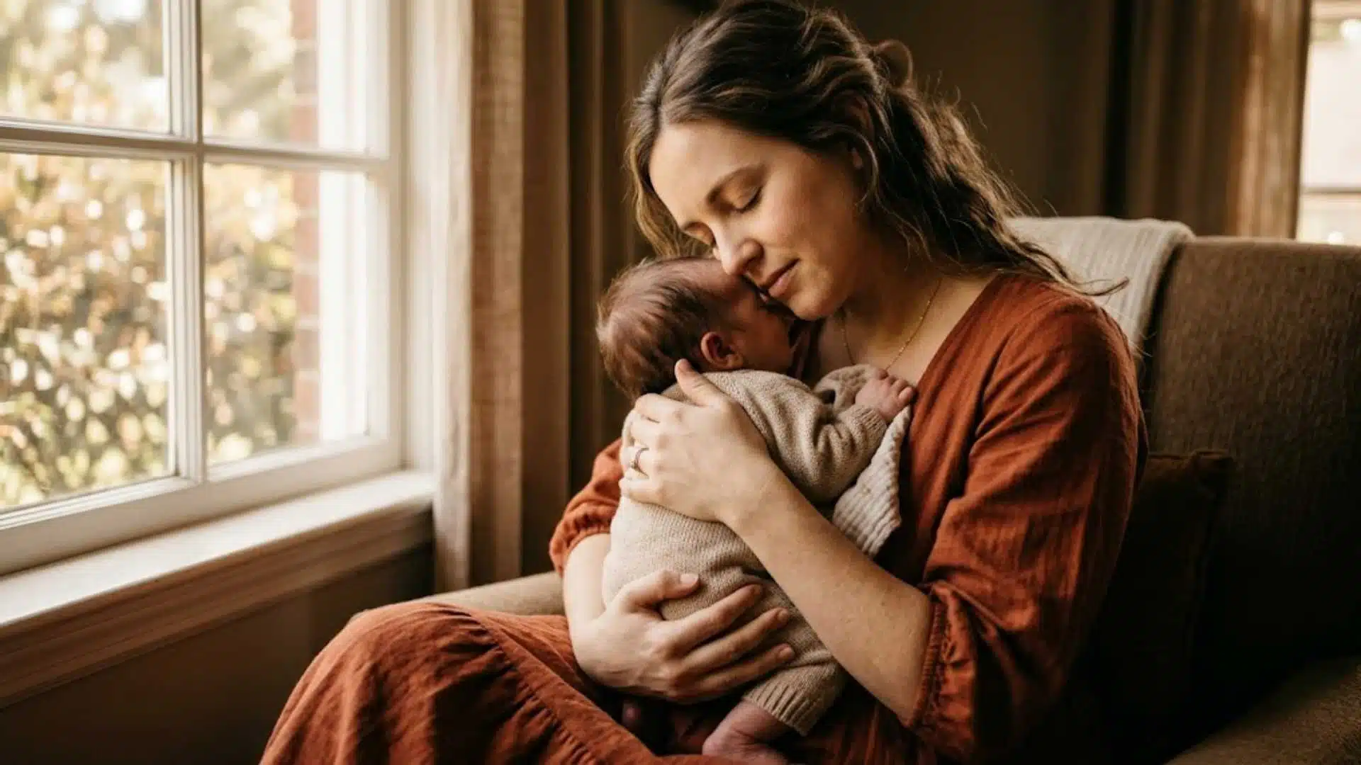 Mom in rust midi dress holding newborn in oat romper in intimate close family photo