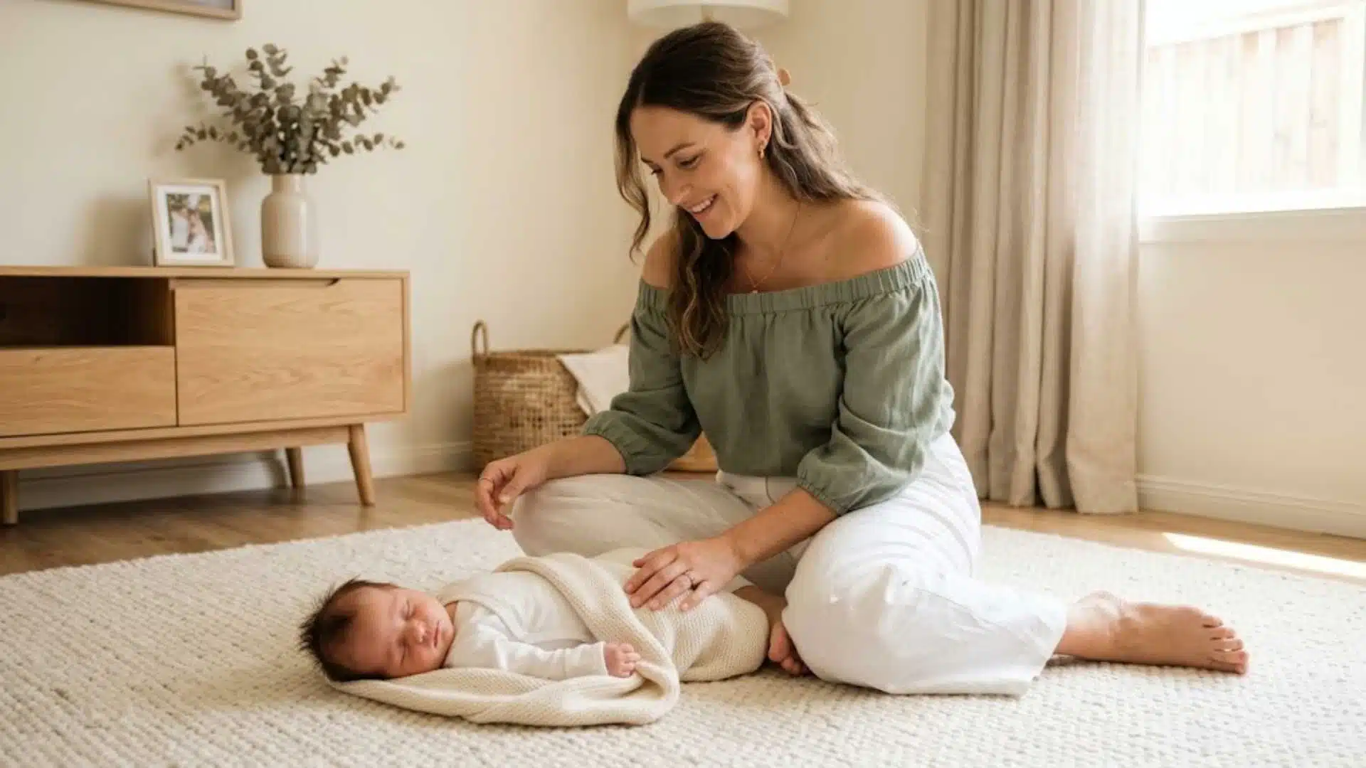 Mom in sage green off-shoulder blouse seated with newborn in white onesie on cream rug