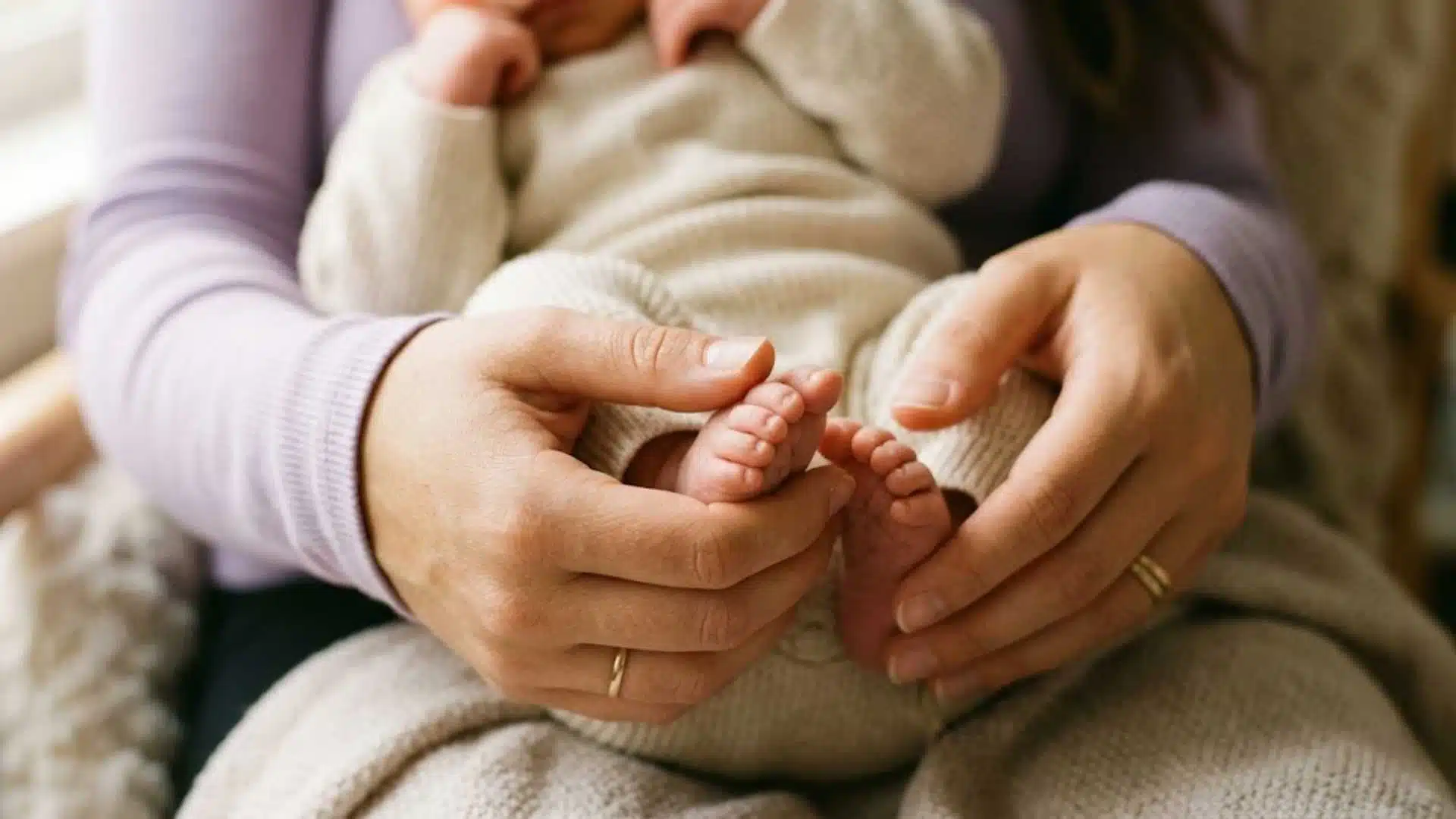 Mom in soft lavender top holding newborn foot in close-up newborn family photo