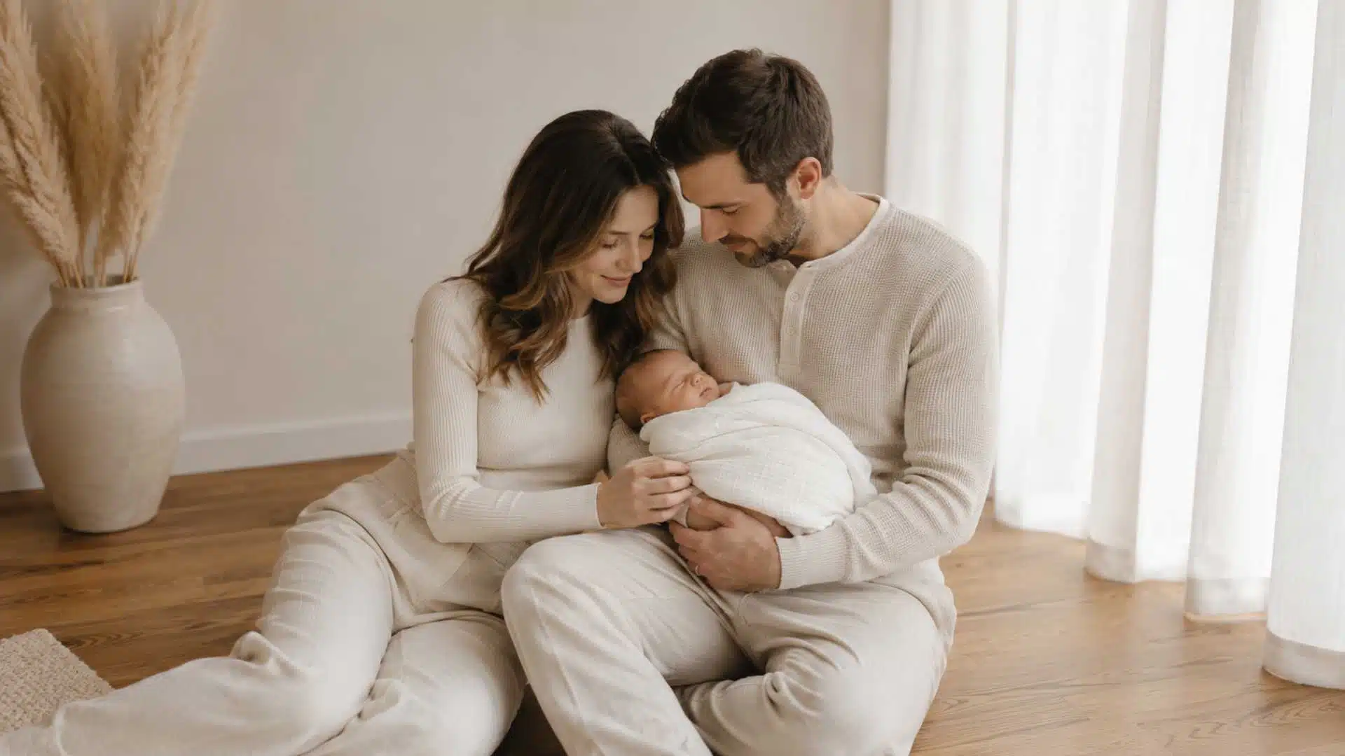 Monochromatic cream and oat family in coordinated newborn photo outfits with texture variation