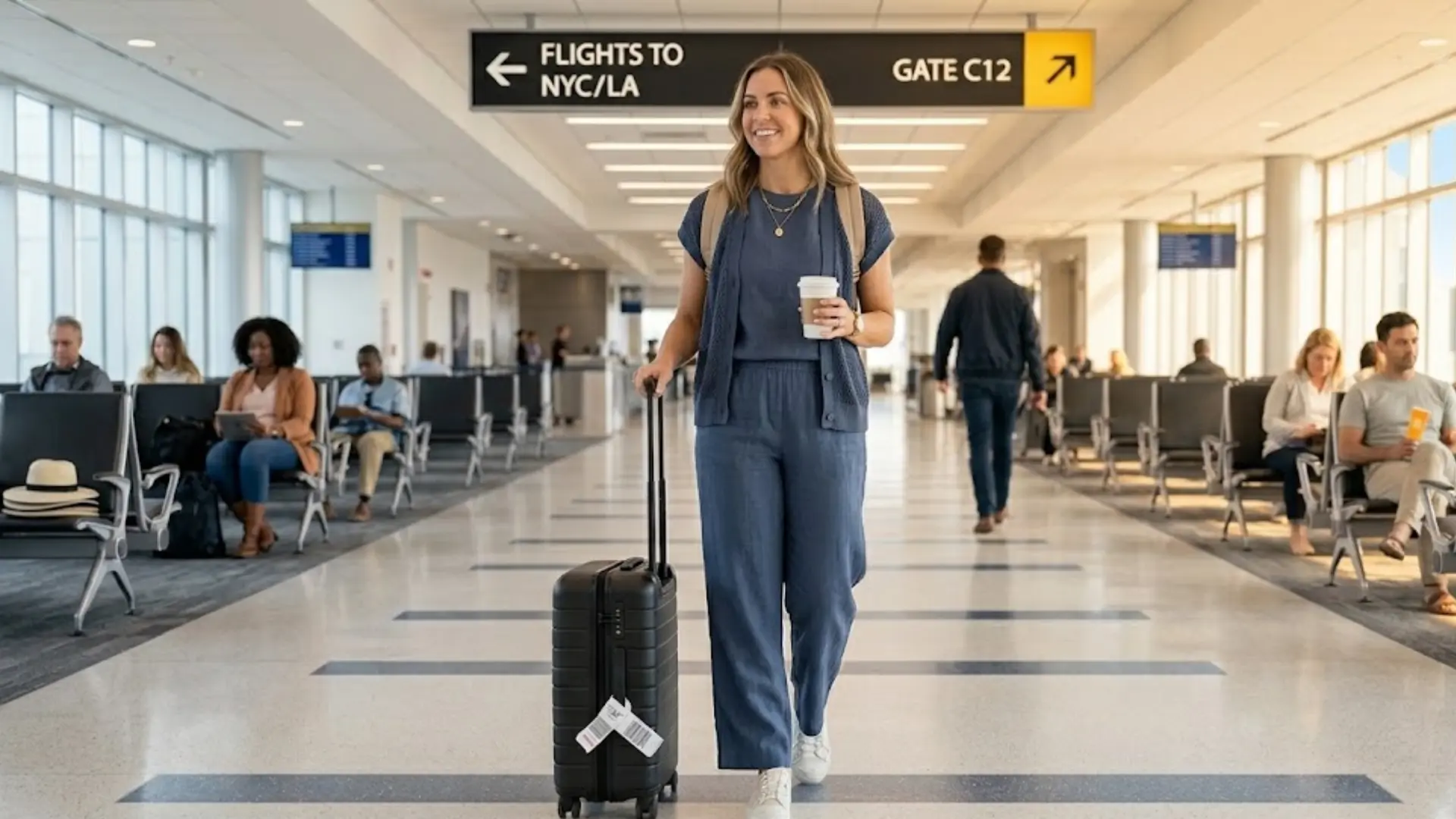Muted navy travel outfit at airport