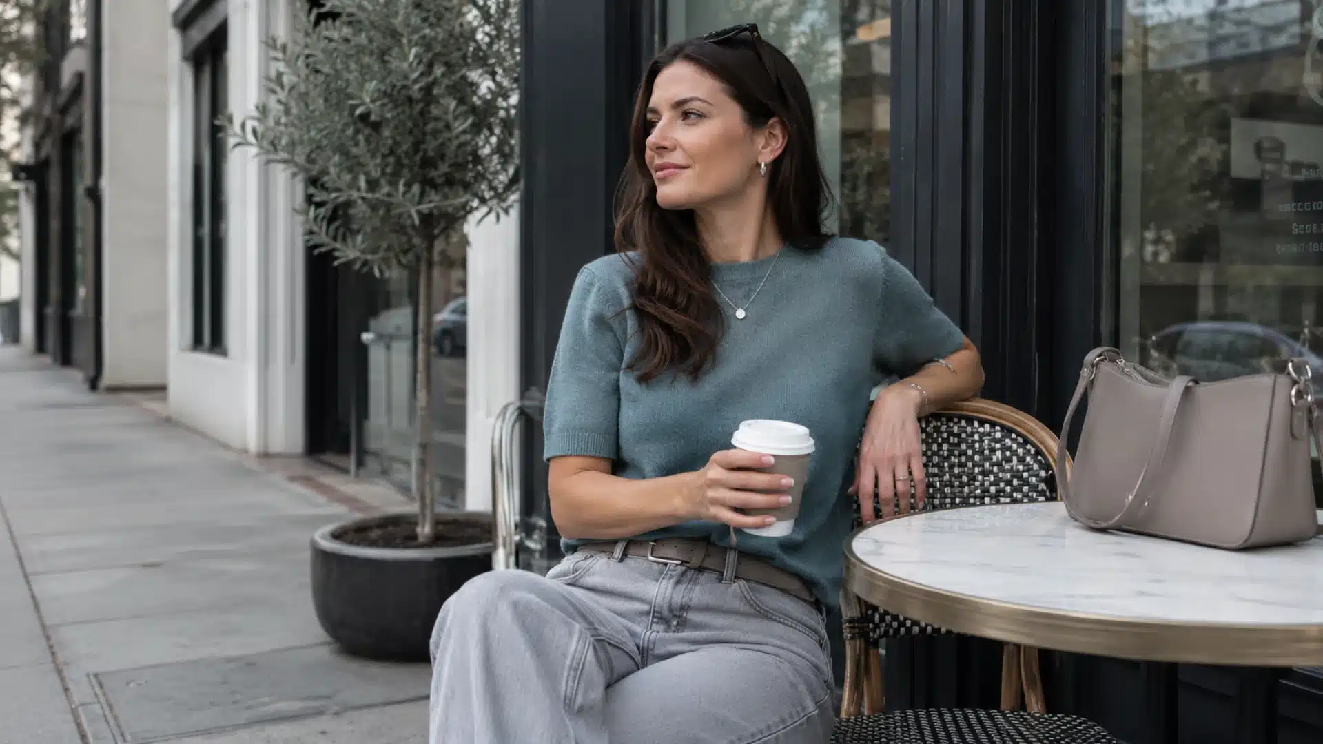 Muted teal knit top with gray jeans at cafe
