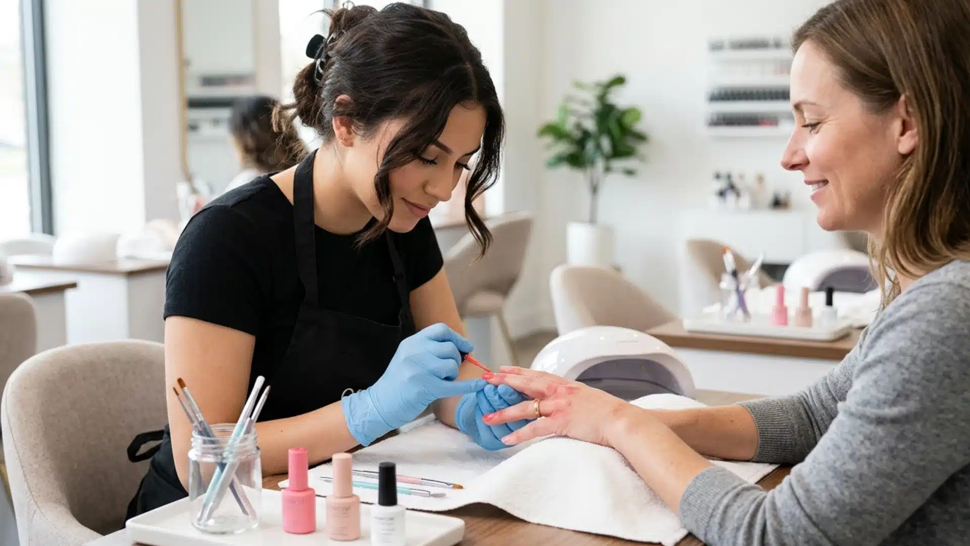 Nail care professional applying polish during a salon manicure session
