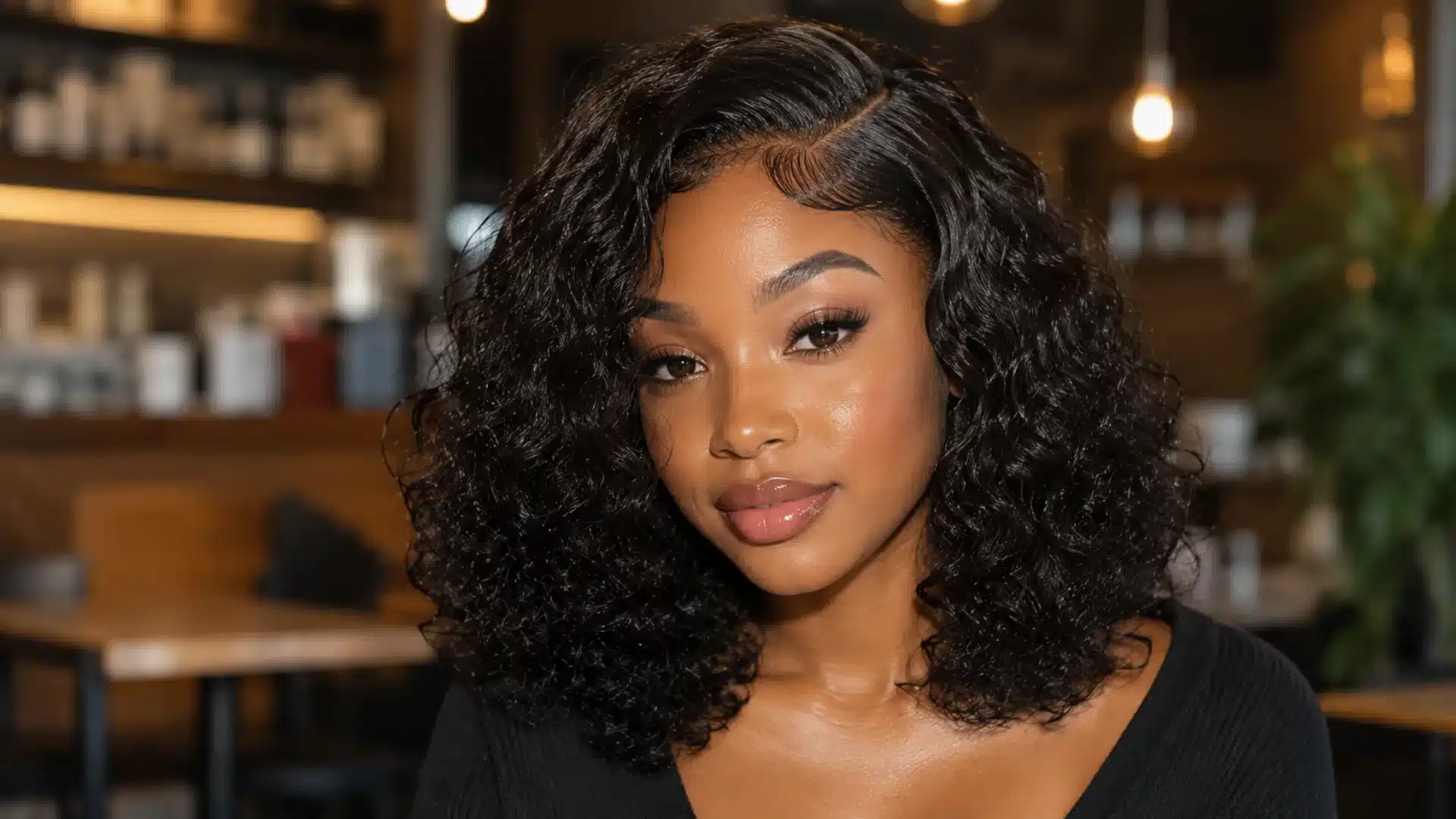 Natural mid length curls with side part, soft volume, and styled baby hairs in a cafe