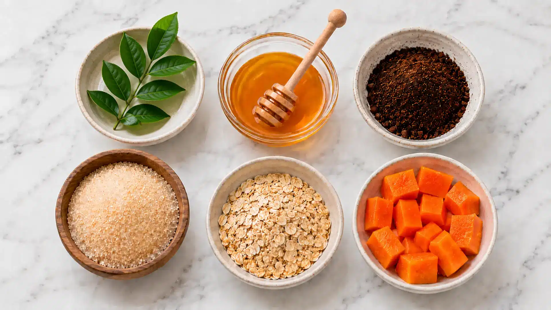 Natural exfoliant ingredients in bowl sugar, honey, oats, coffee, and papaya on marble