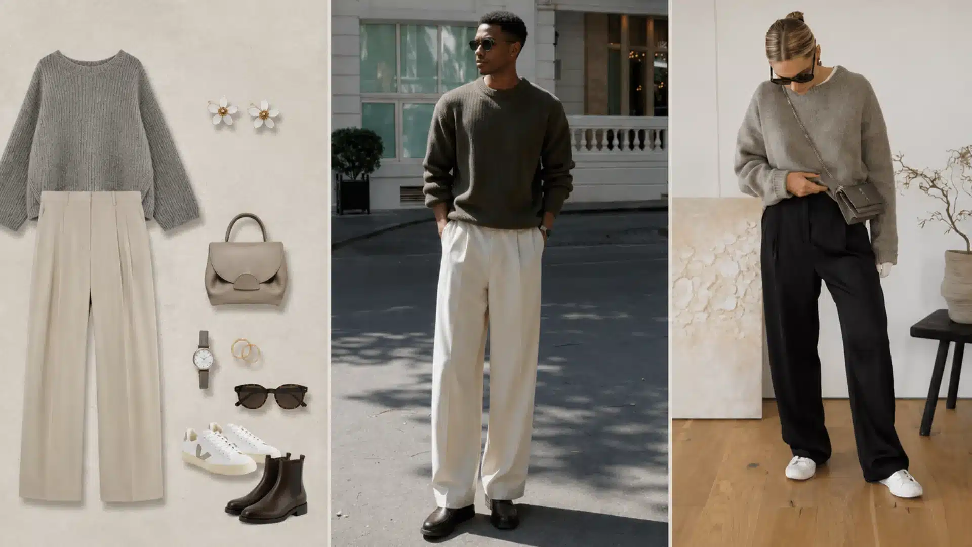 Neutral knit sweater outfit collage with cream trousers, black pants, sneakers, boots and bags