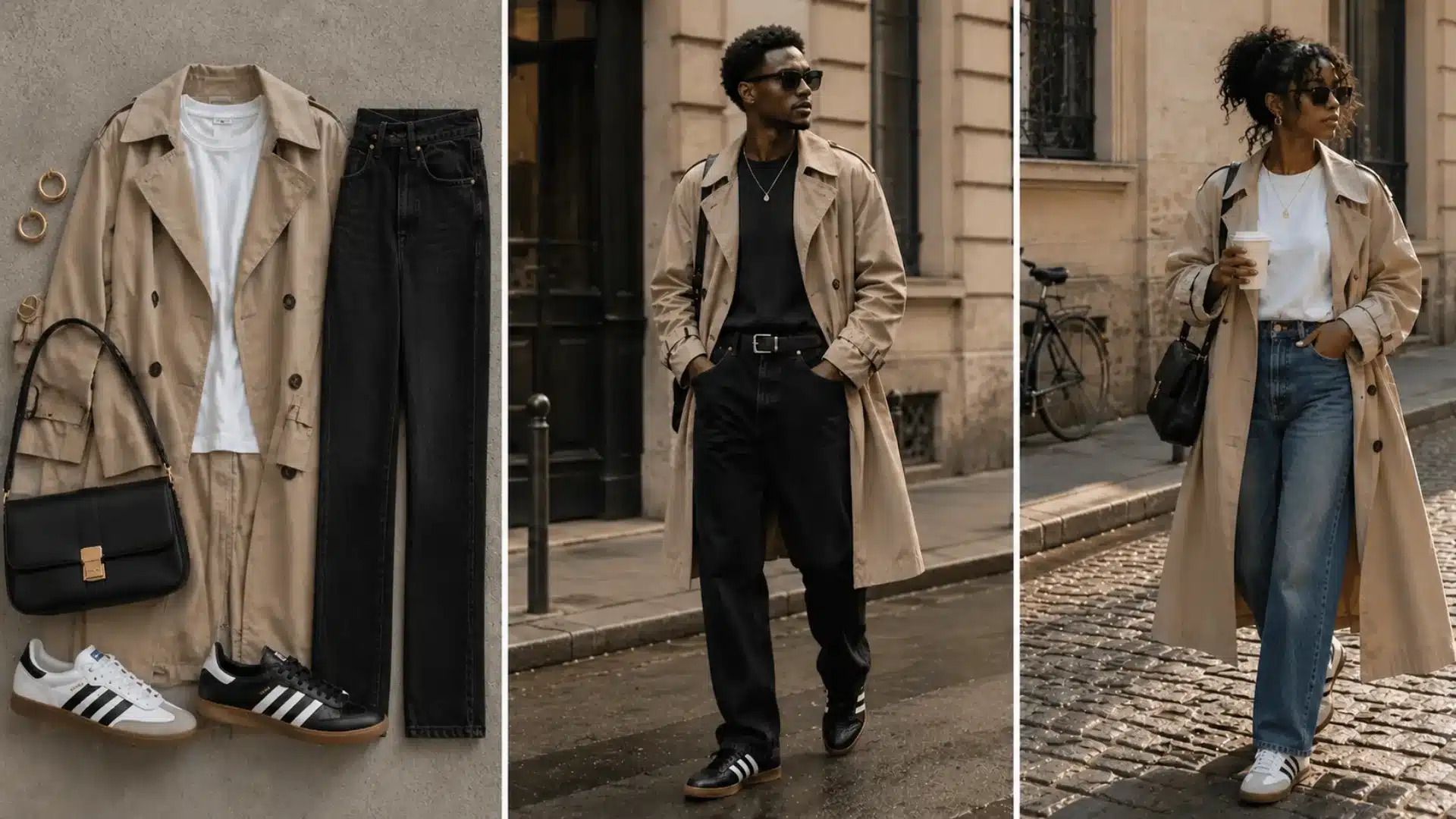Neutral trench coat outfit collage with wide leg black jeans, sneakers, and street style looks