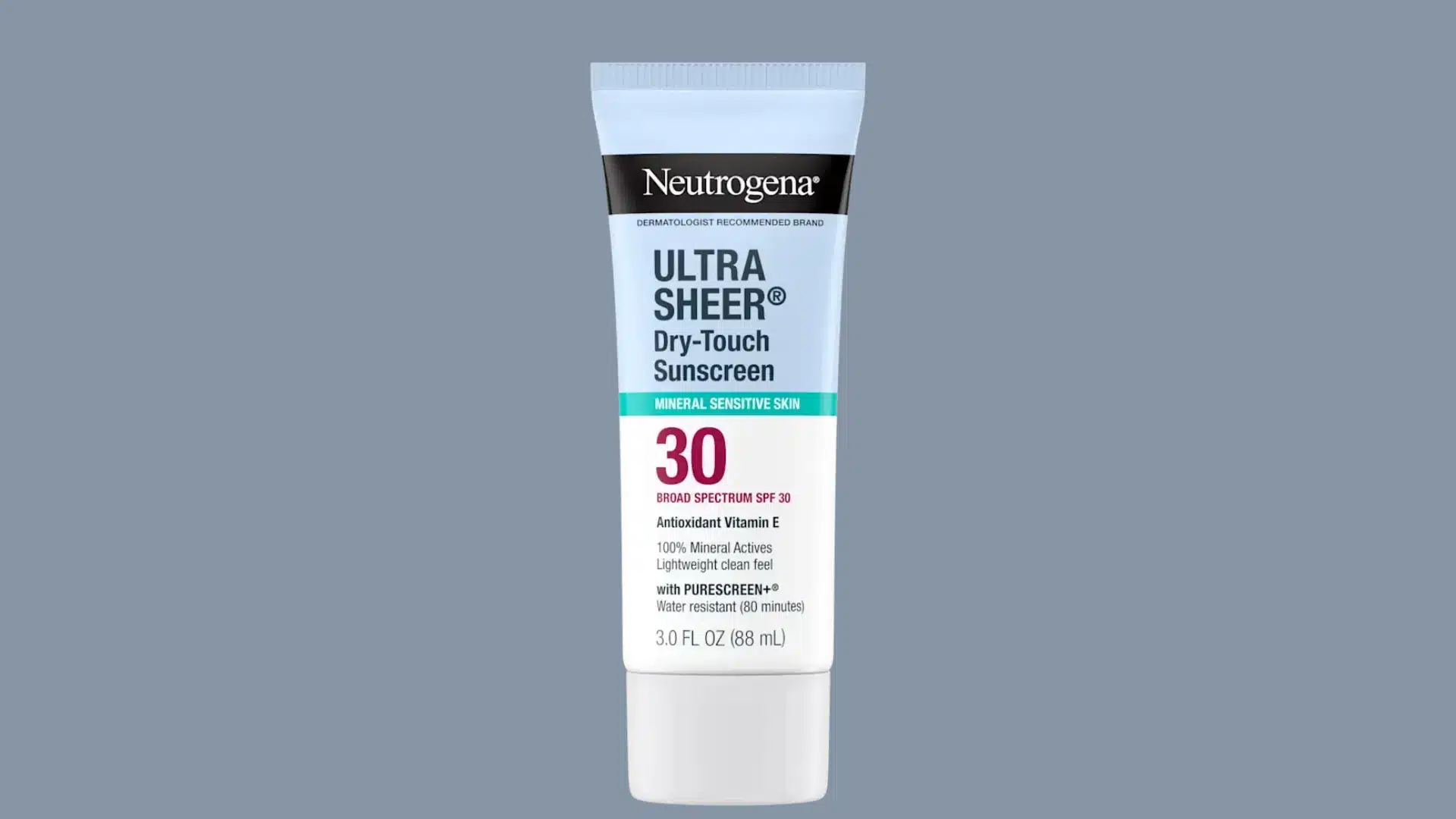 Neutrogena Ultra Sheer SPF 30 mineral sunscreen tube on gray background.