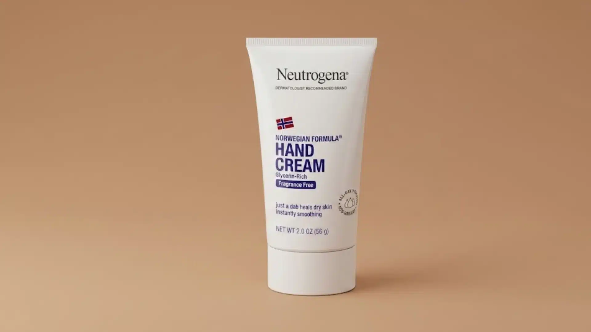 Neutrogena Norwegian Formula Hand Cream tube centered on a minimal brown background in a