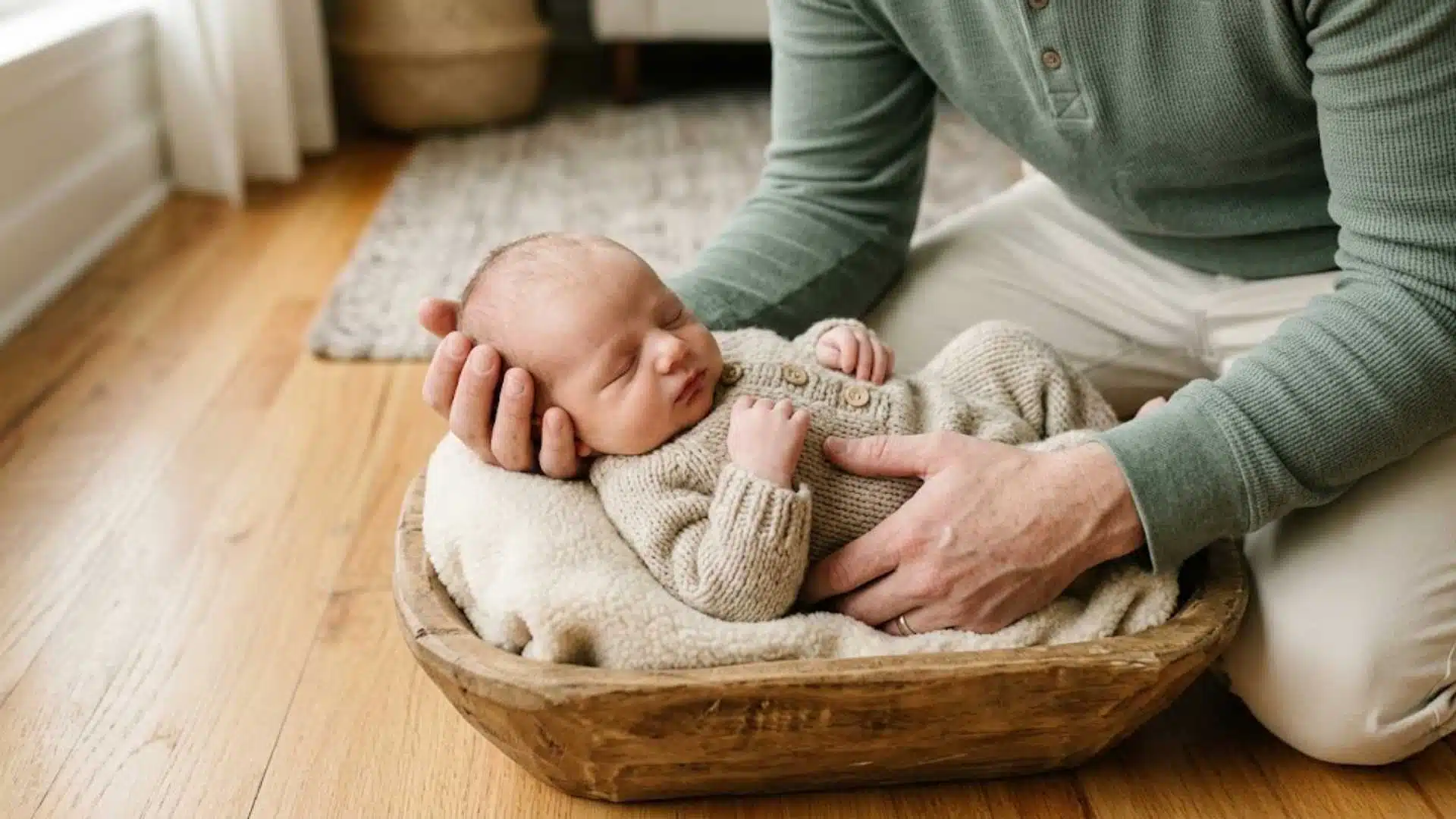 Newborn in oat knit romper being placed in lined basket during family photo session