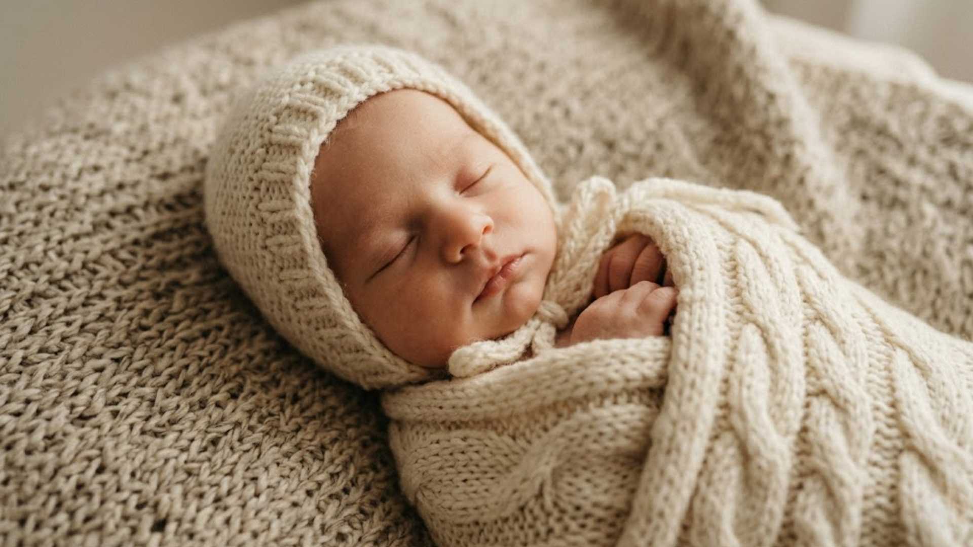 Newborn in cream knitted bonnet and swaddle for classic newborn photography outfit