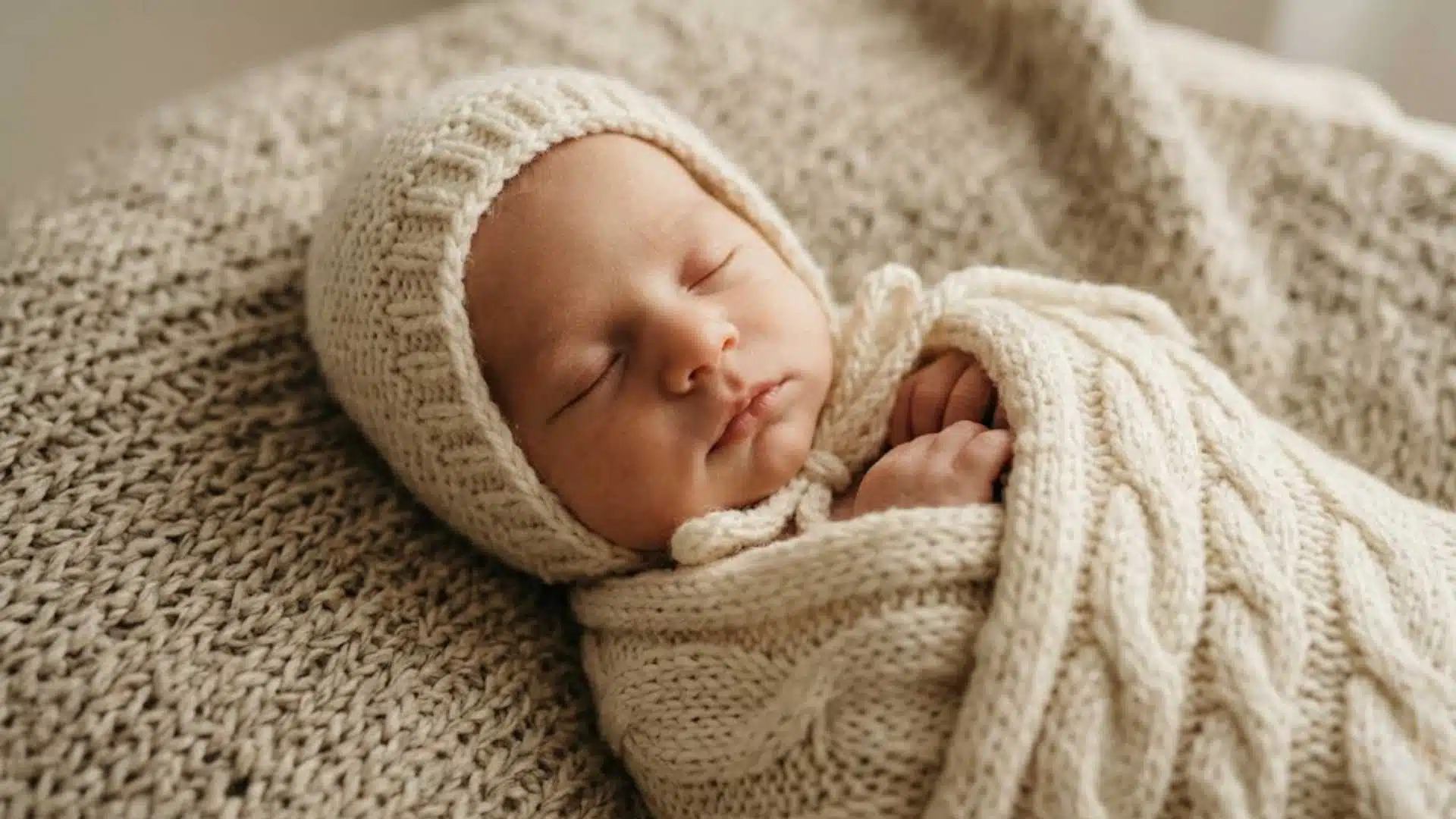 Newborn in cream knitted bonnet and swaddle for classic newborn photography outfit
