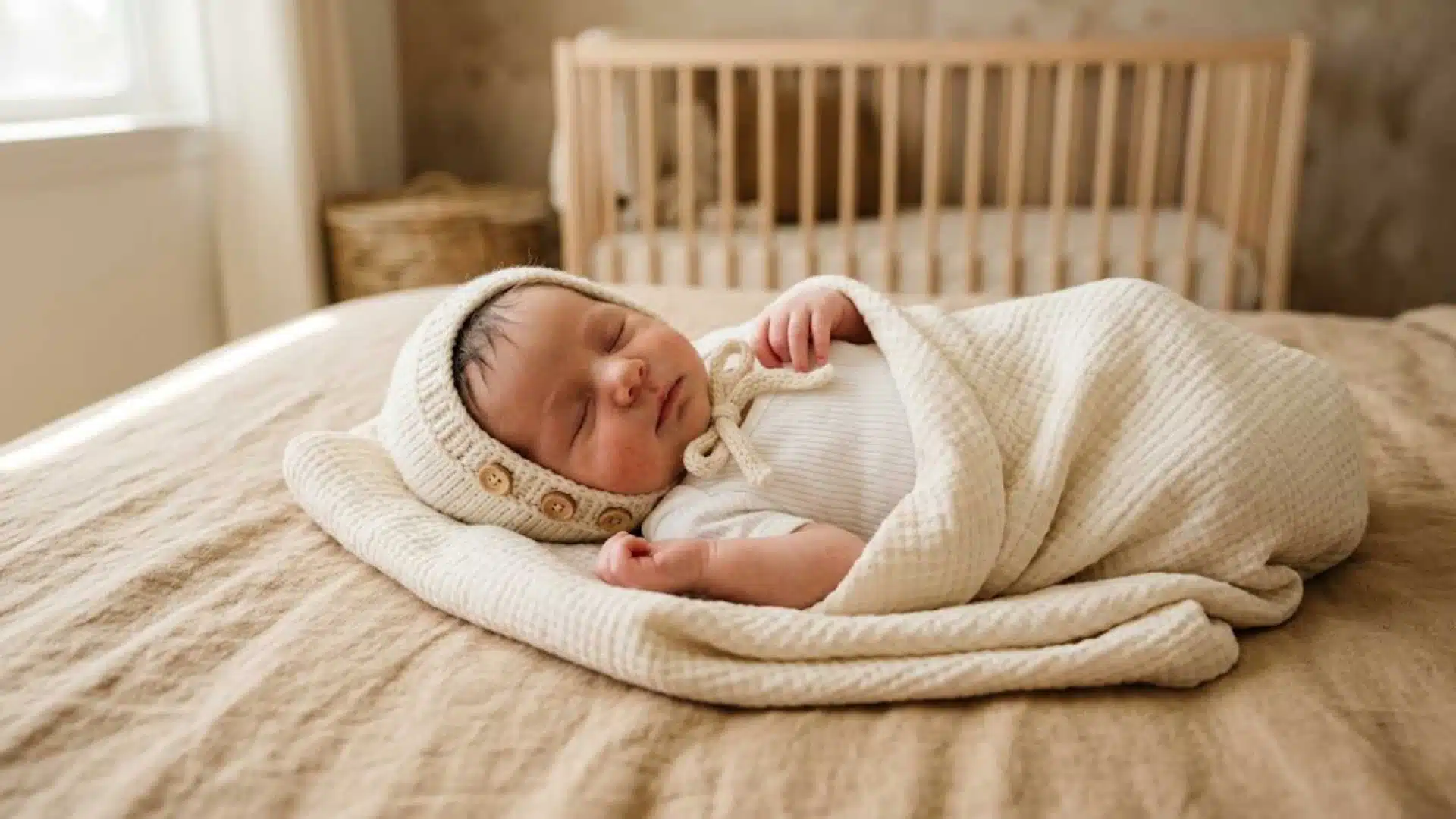 New born in white ribbed onesie, cream bonnet, and muslin swaddle for photo