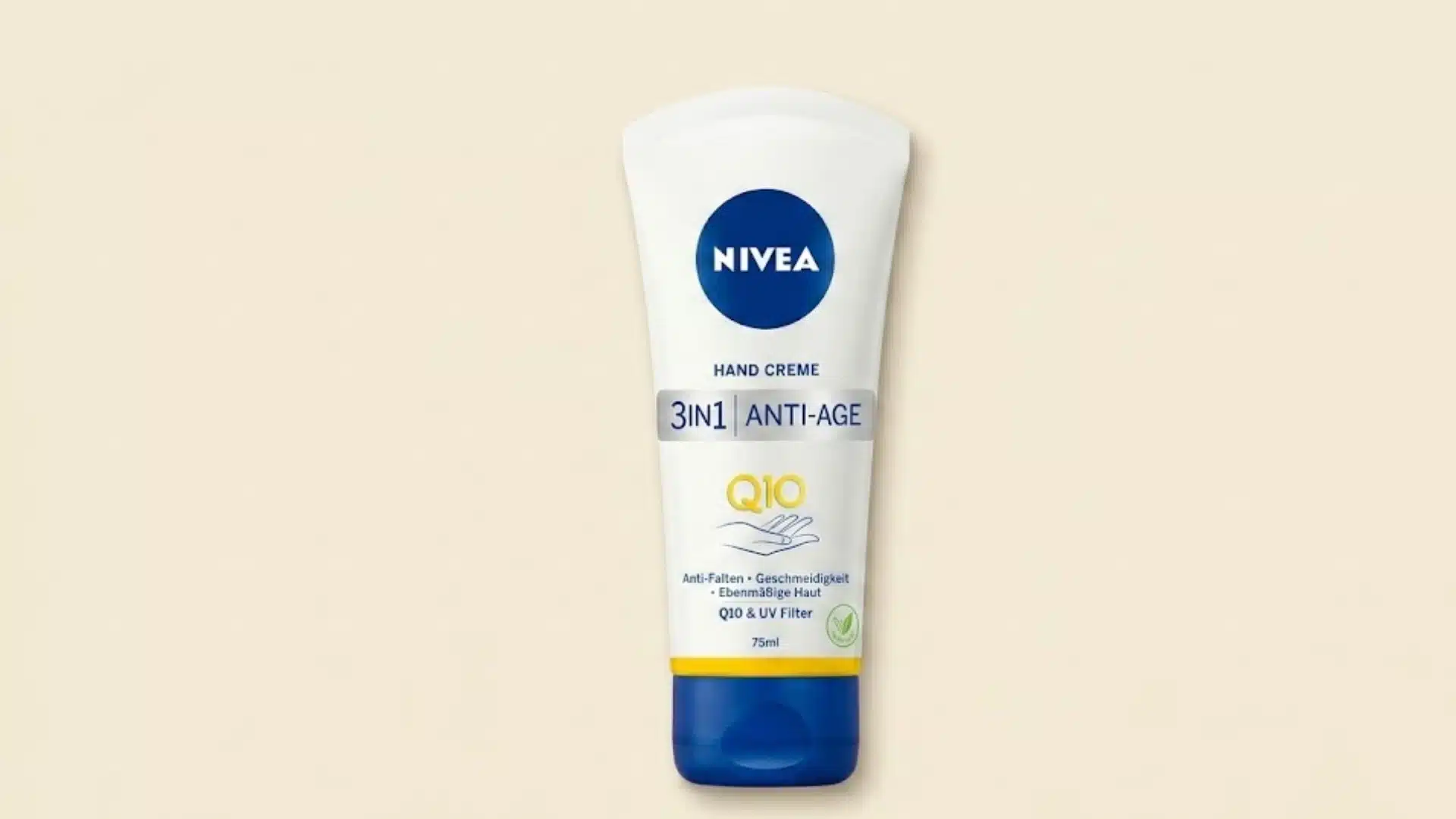 Nivea Q10 3-in-1 Anti-Age Hand Cream tube with UV filter on a light beige background