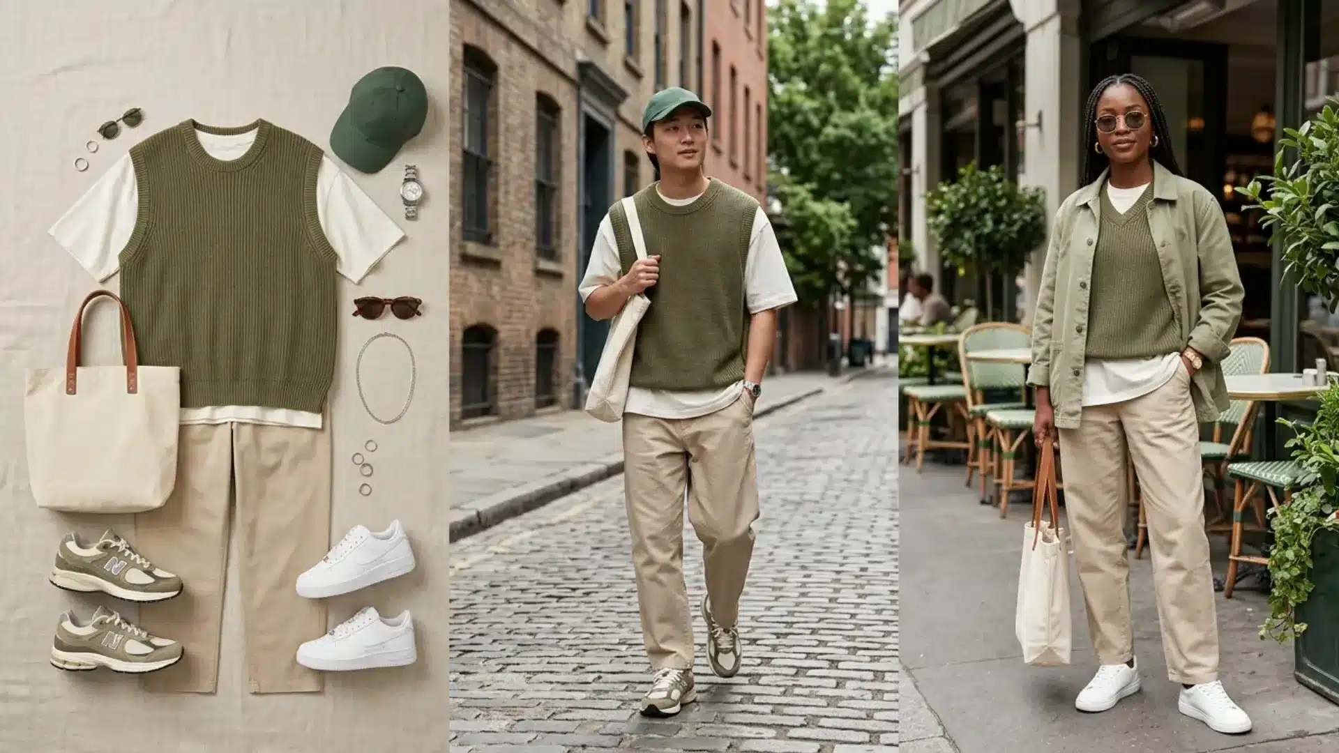 Olive vest outfit collage with beige pants, white tote bags, sneakers, and street style looks