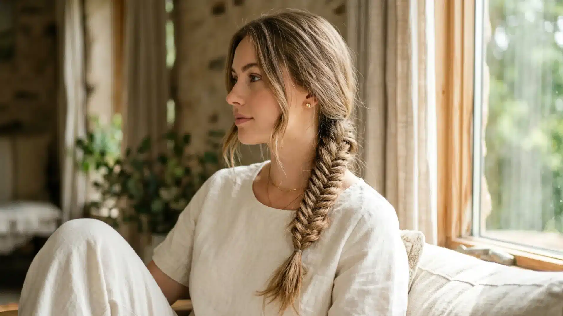 oman with a loose fishtail braid over her shoulder showing the herringbone woven pattern
